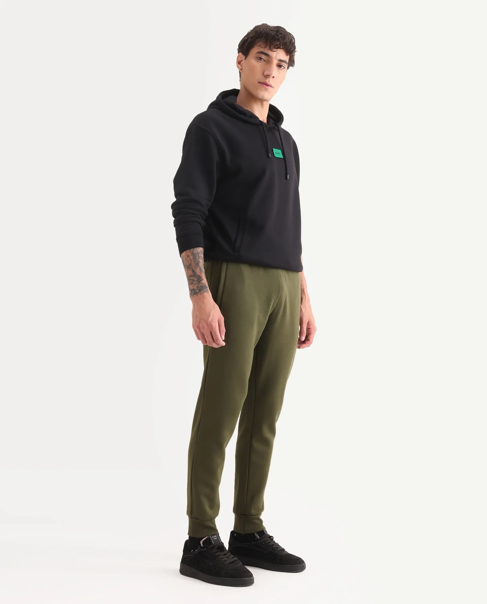 Rare Rabbit Men's Chase Olive Cotton Plain Regular Fit Jogger - Image 7