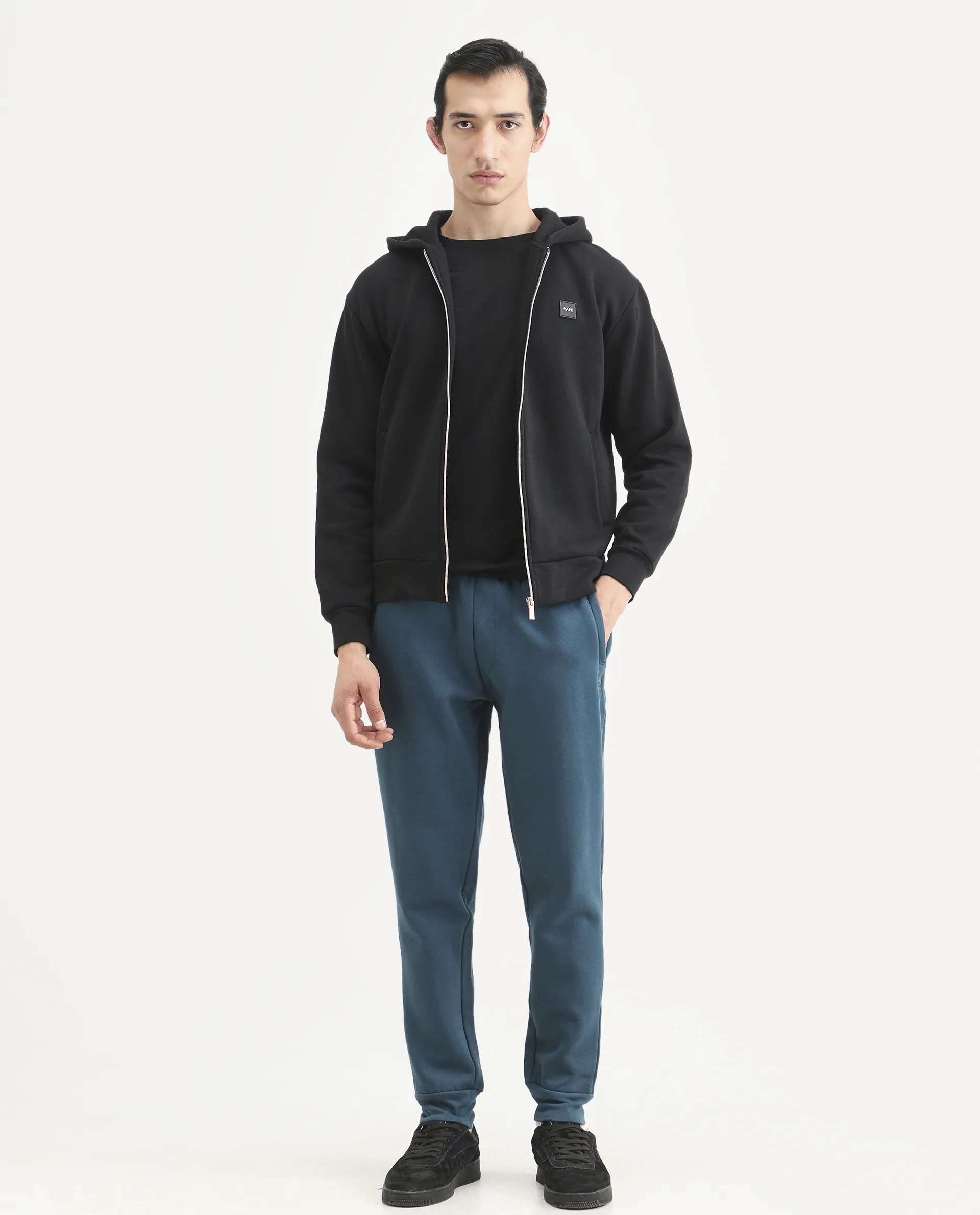 Rare Rabbit Men's Chase Petrol Cotton Plain Regular Fit Track Pant - Image 2