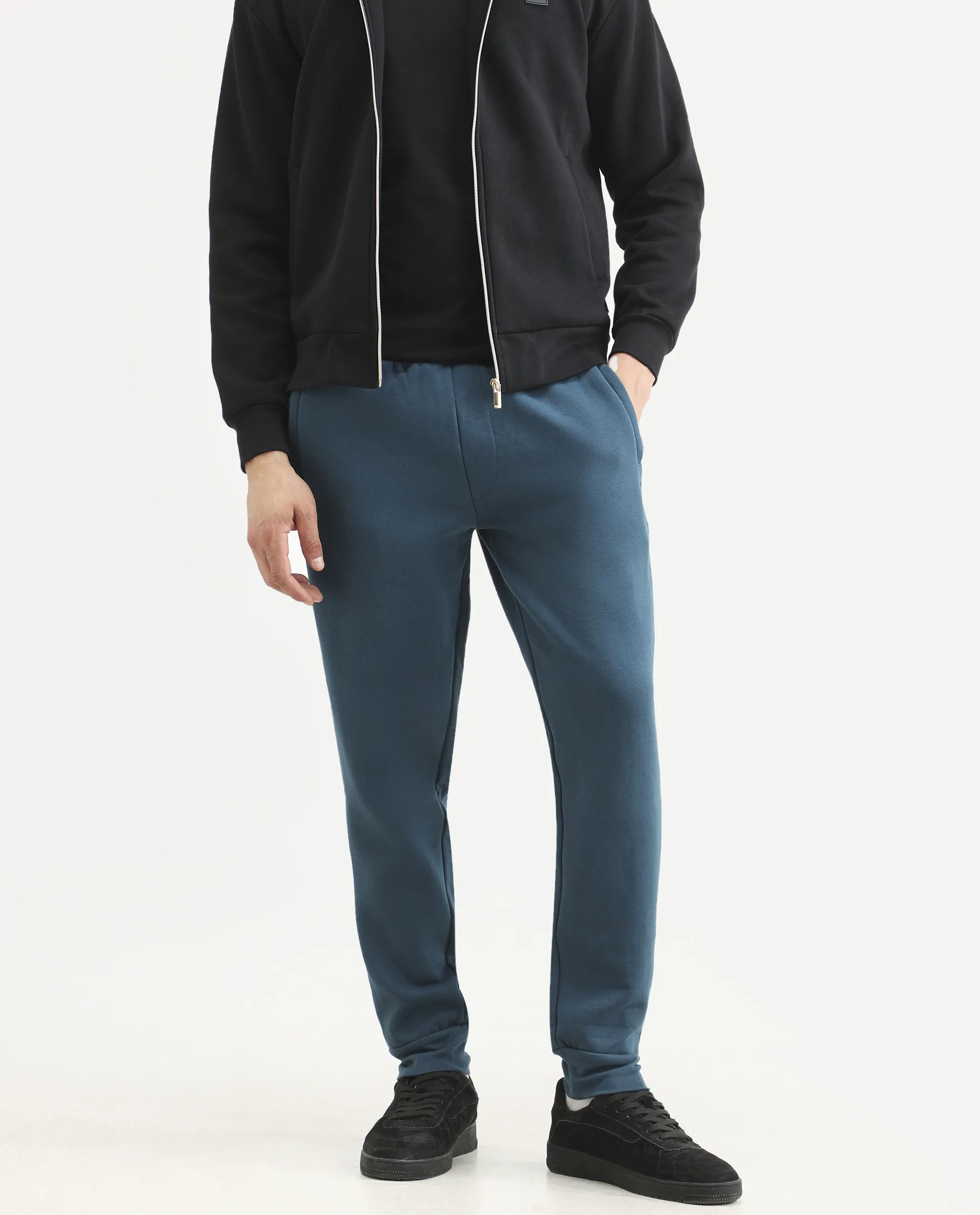 Rare Rabbit Men's Chase Petrol Cotton Plain Regular Fit Track Pant - Image 4