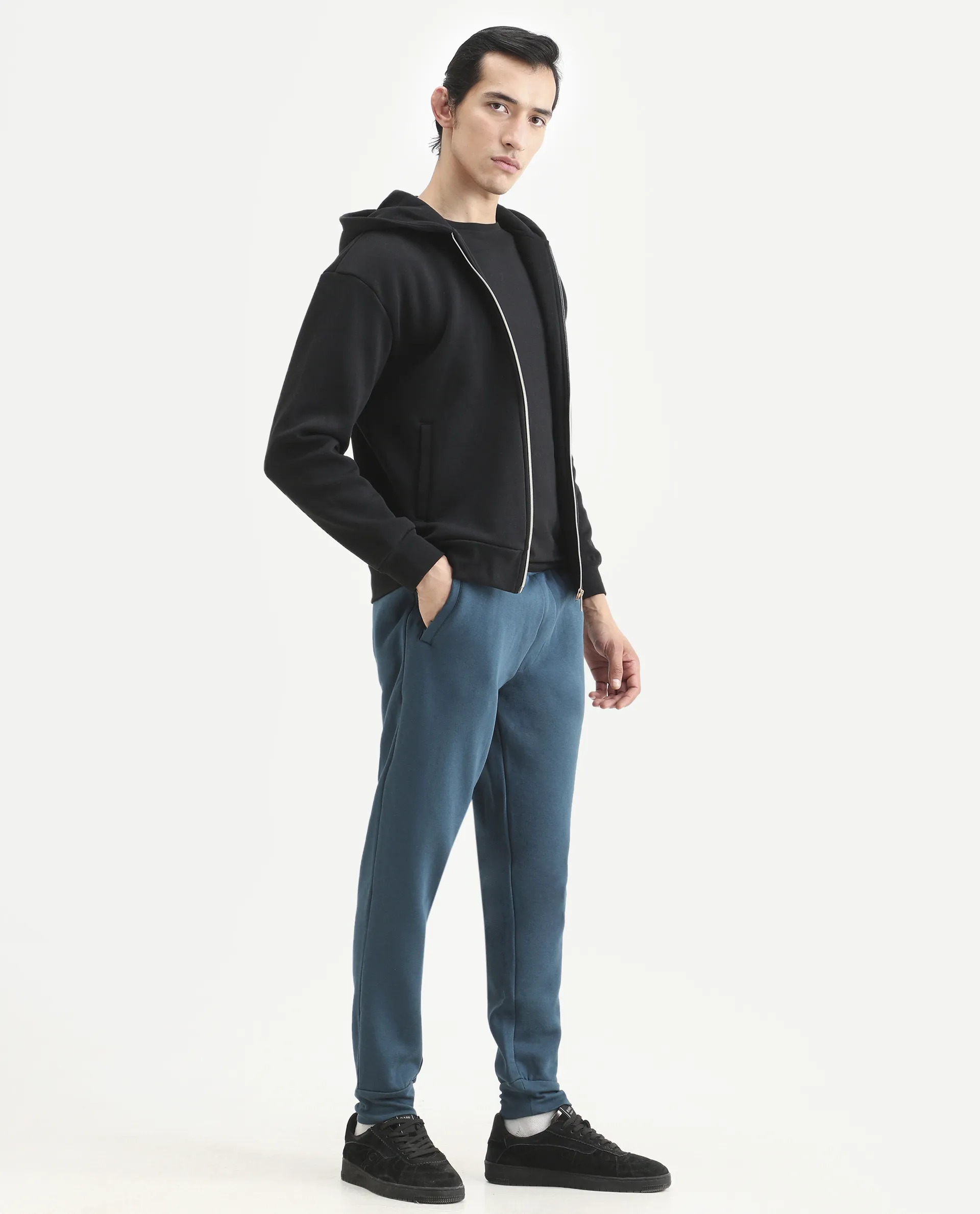 Rare Rabbit Men's Chase Petrol Cotton Plain Regular Fit Track Pant - Image 7