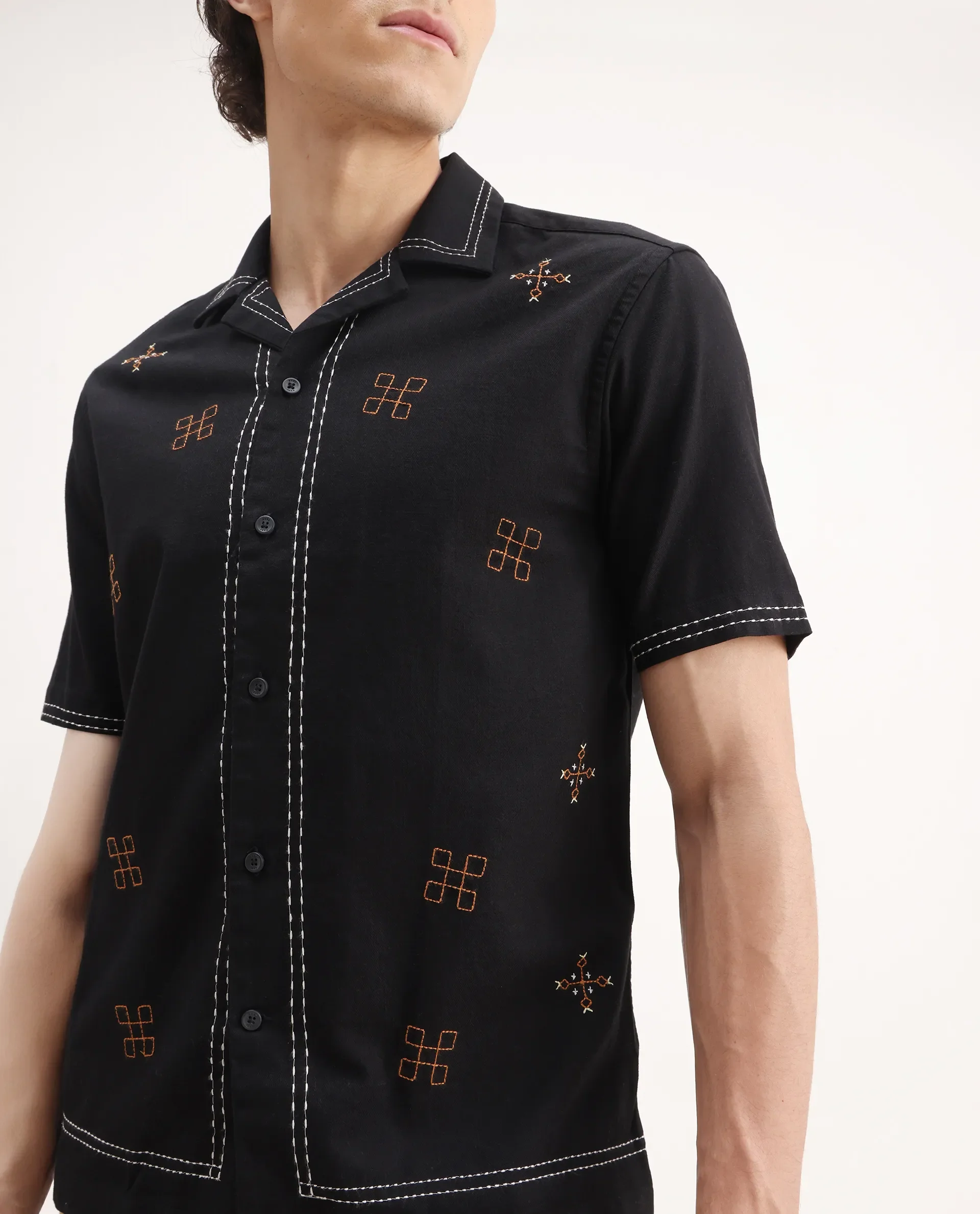 Rare Rabbit Men's Chate Black Cotton Embroidered Relaxed Fit Half Sleeve Cuban Collar Shirt - Image 3