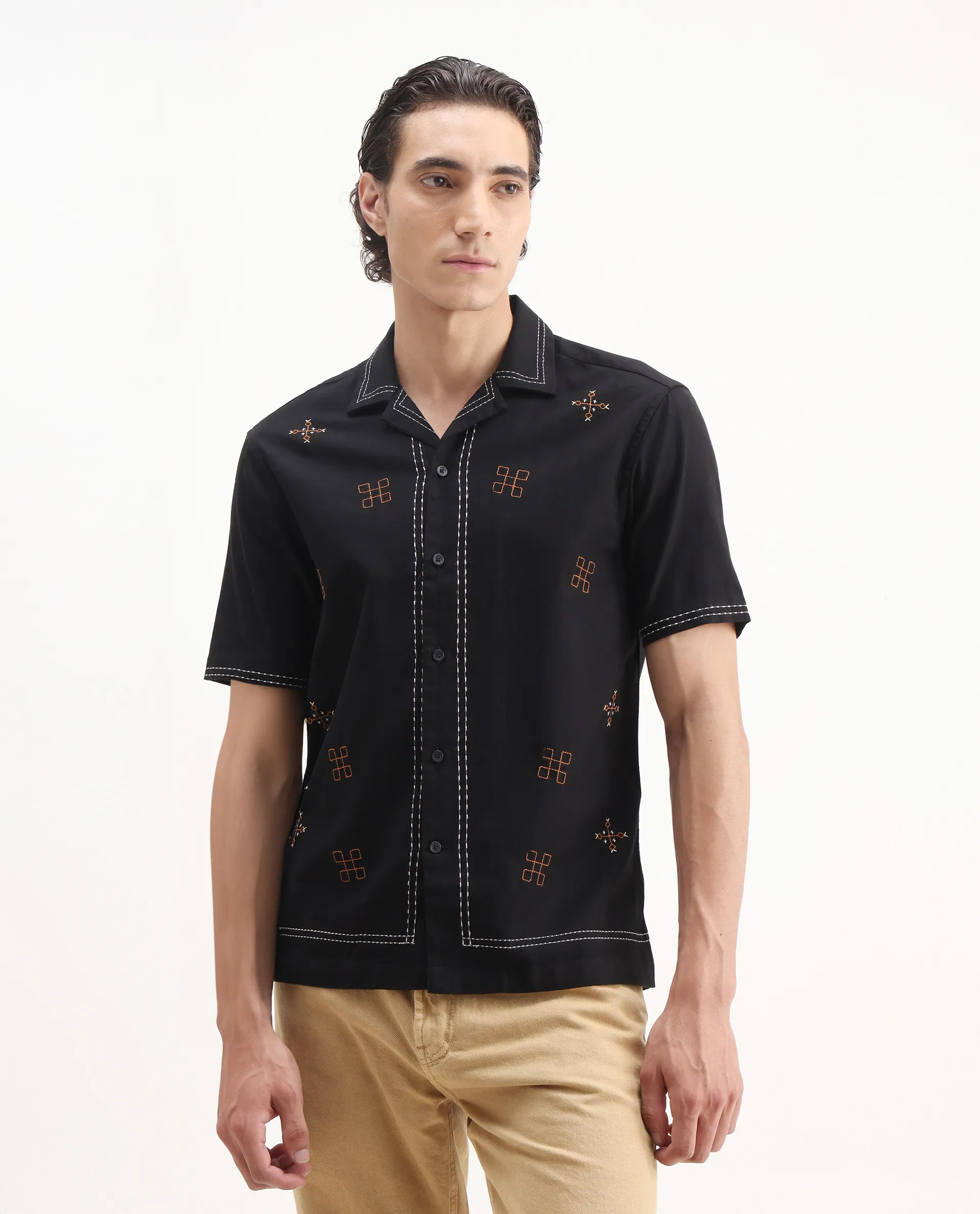 Rare Rabbit Men's Chate Black Cotton Embroidered Relaxed Fit Half Sleeve Cuban Collar Shirt - Image 4