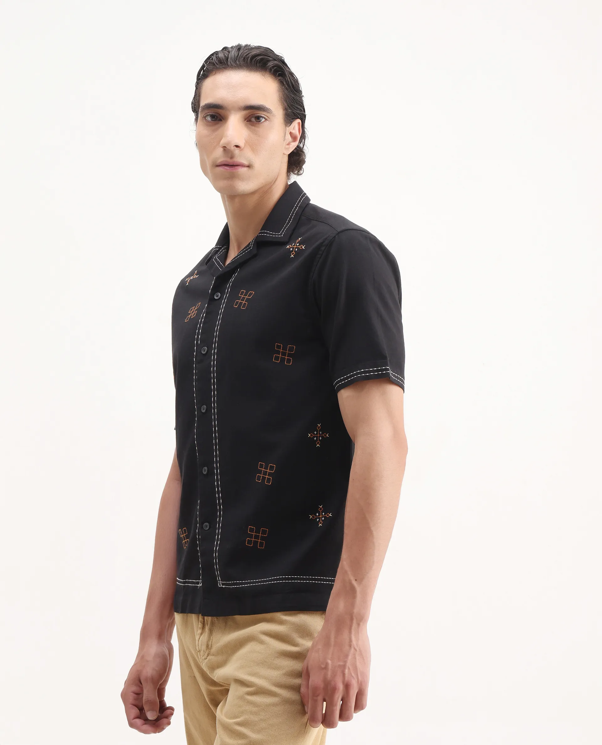 Rare Rabbit Men's Chate Black Cotton Embroidered Relaxed Fit Half Sleeve Cuban Collar Shirt - Image 5