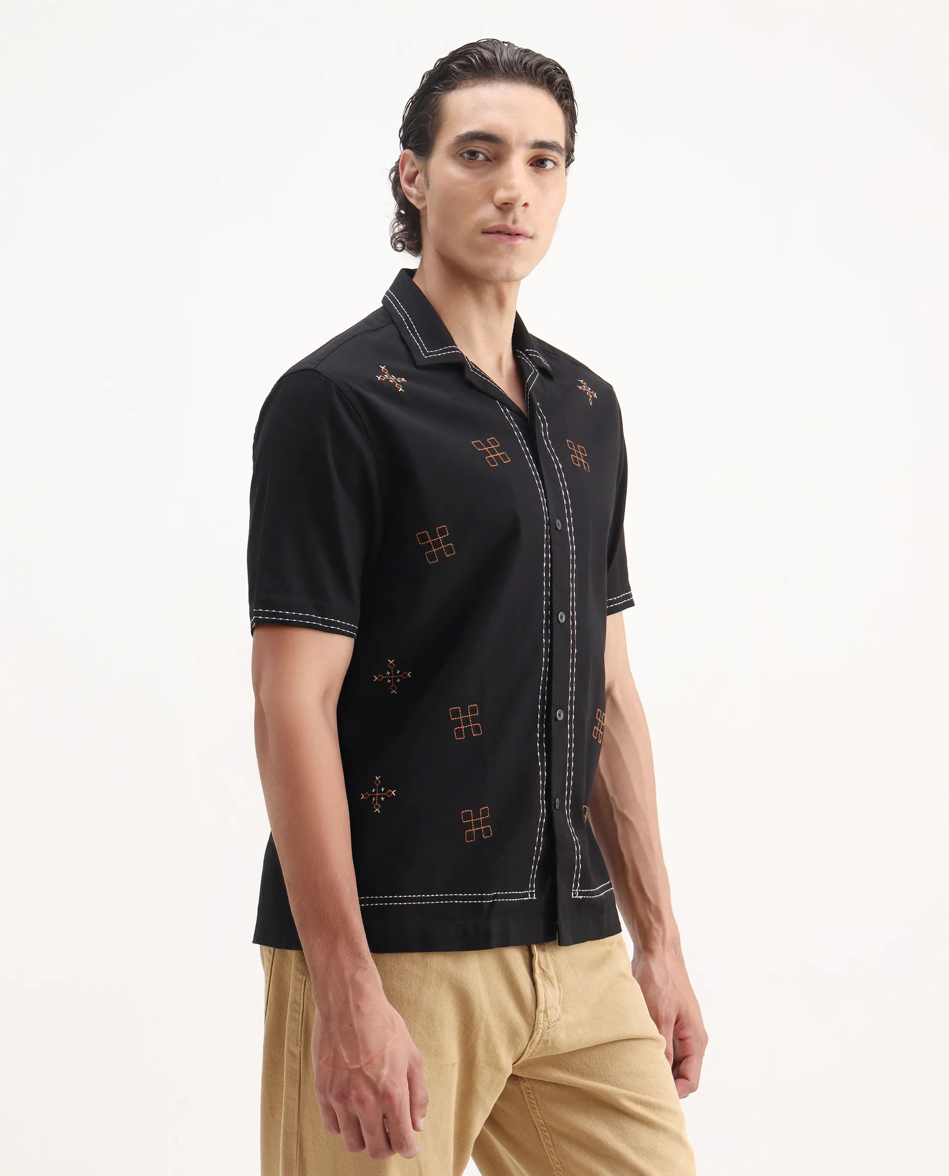 Rare Rabbit Men's Chate Black Cotton Embroidered Relaxed Fit Half Sleeve Cuban Collar Shirt - Image 6