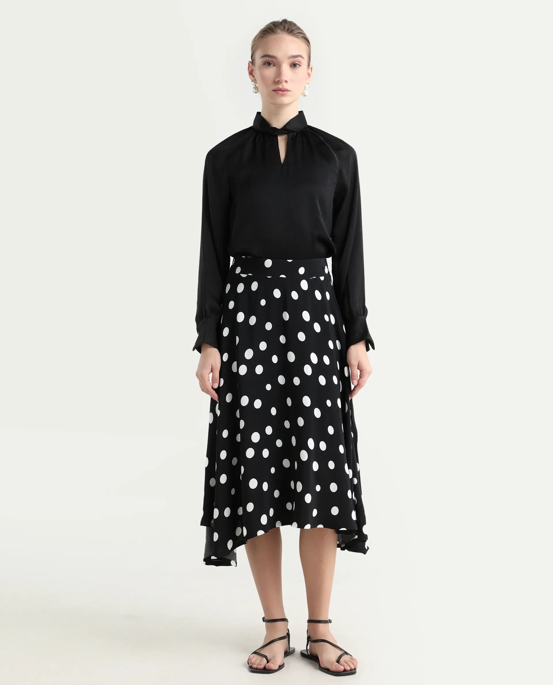 Rareism Women's Chatton Black Polyester Blend Polka Print Knee Length Flared Skirt - Image 2