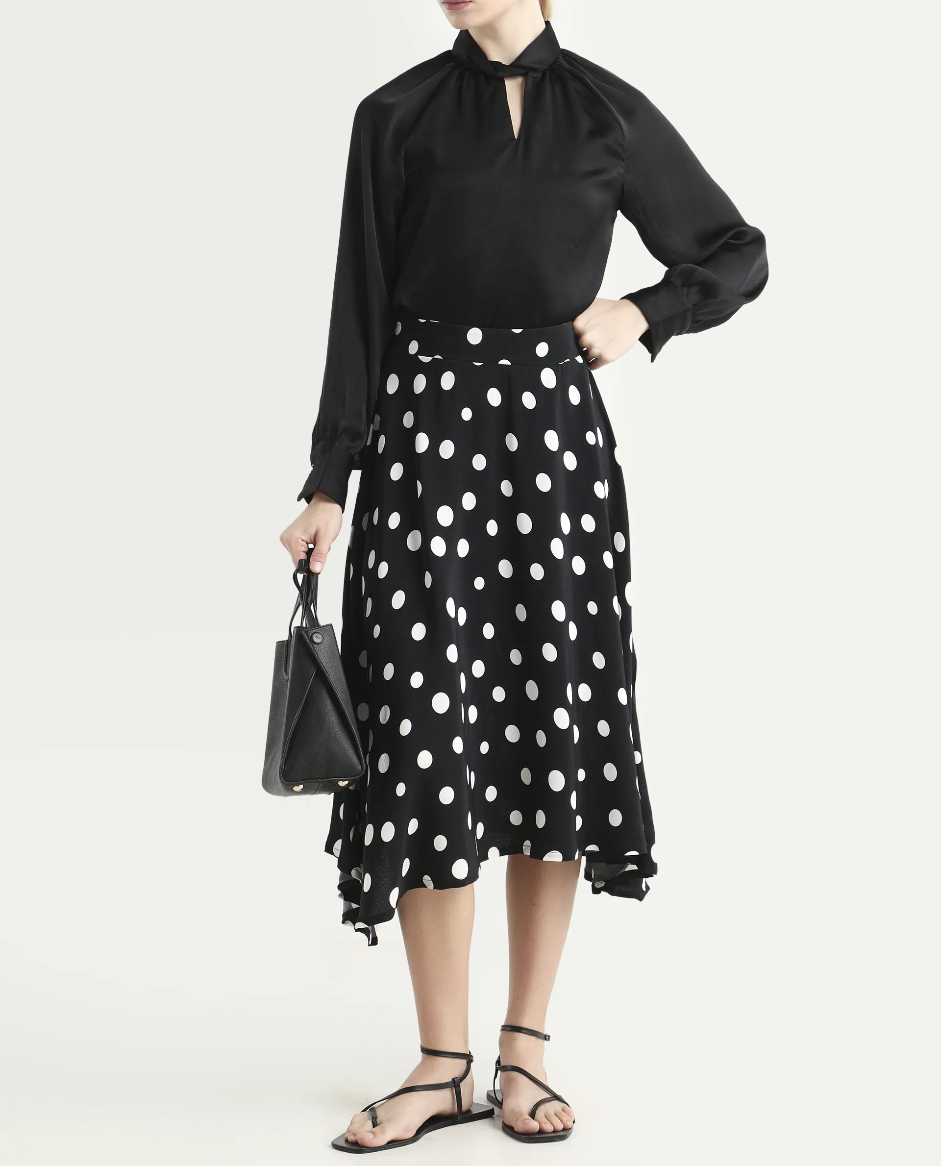 Rareism Women's Chatton Black Polyester Blend Polka Print Knee Length Flared Skirt - Image 3