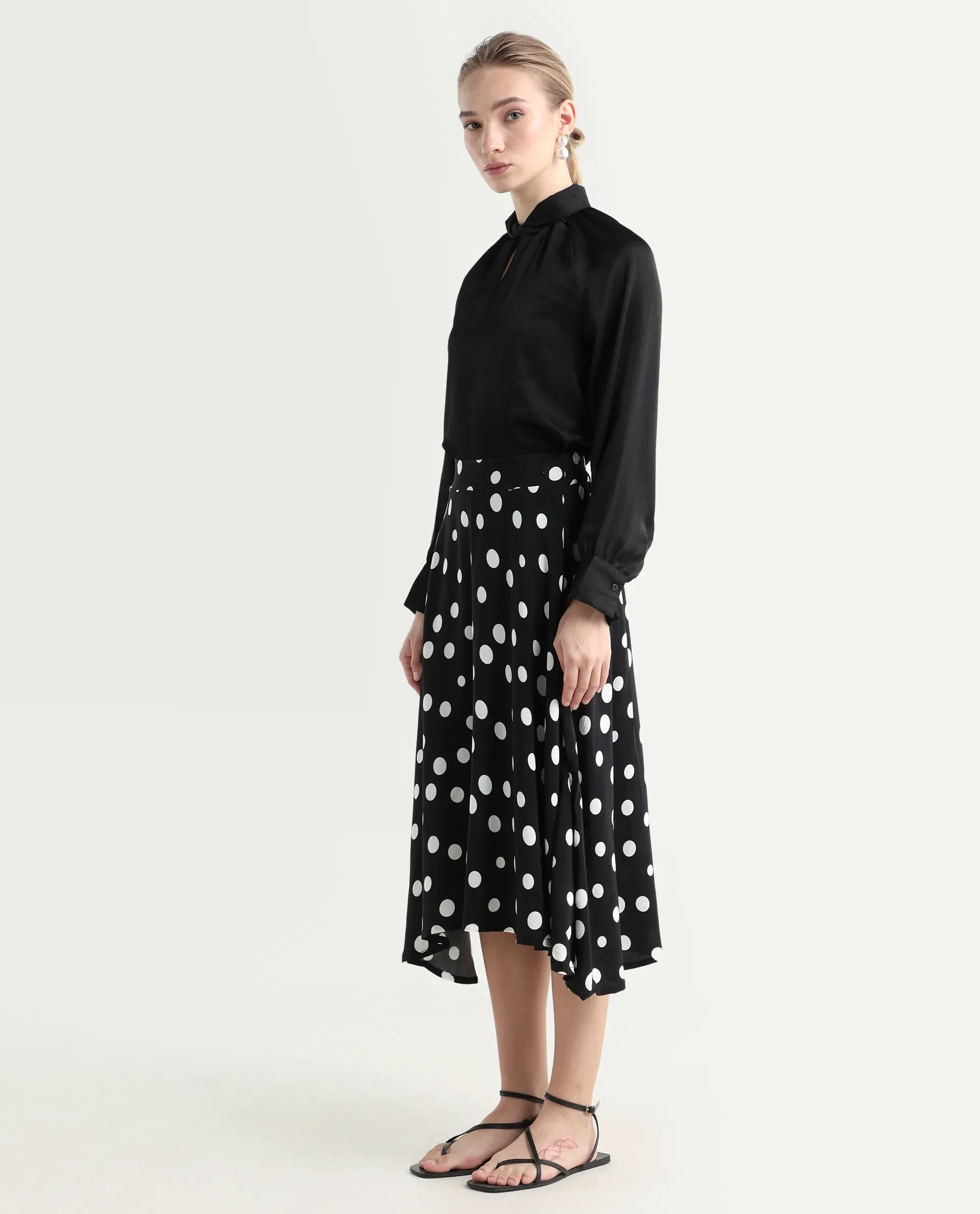 Rareism Women's Chatton Black Polyester Blend Polka Print Knee Length Flared Skirt - Image 5