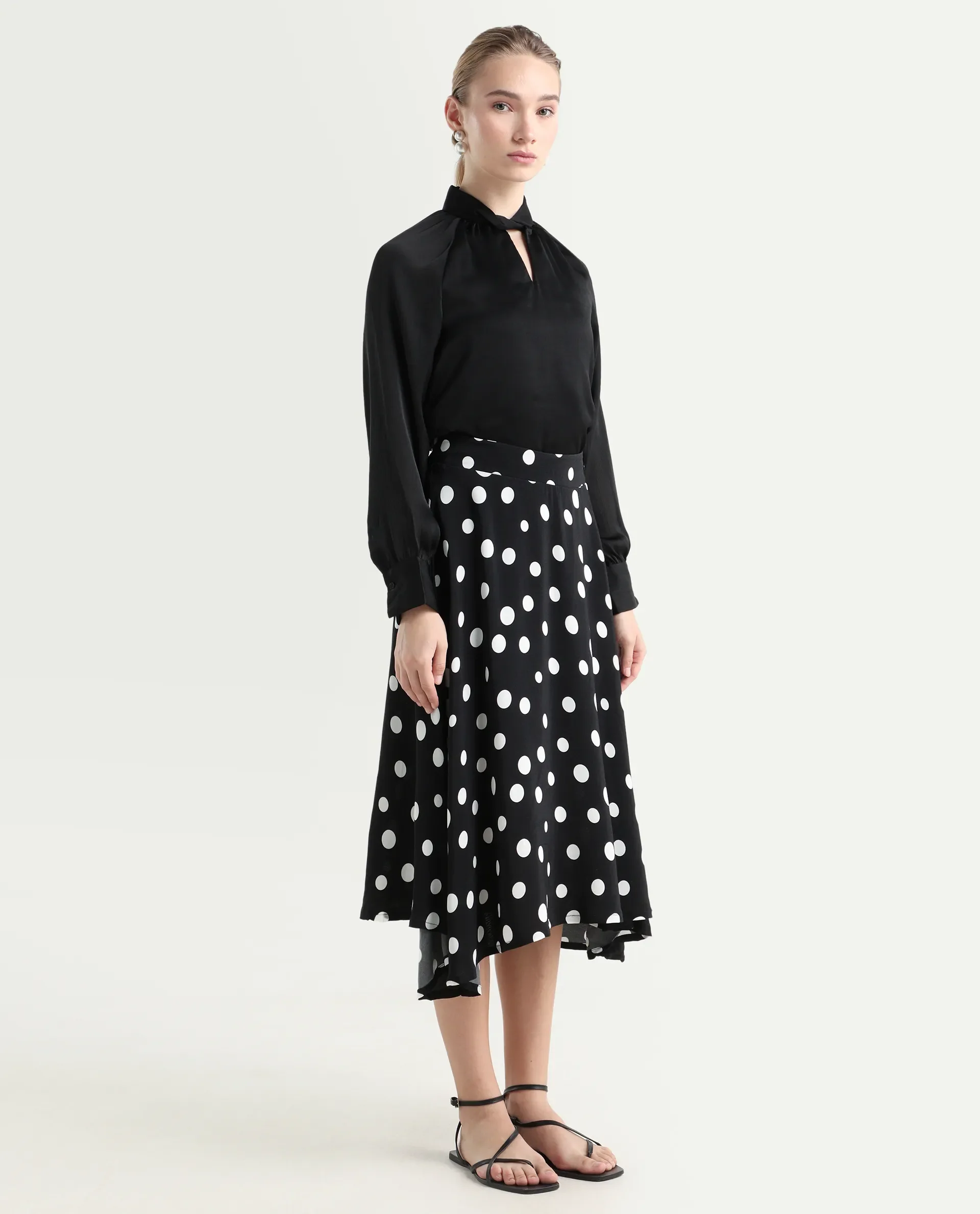 Rareism Women's Chatton Black Polyester Blend Polka Print Knee Length Flared Skirt - Image 6
