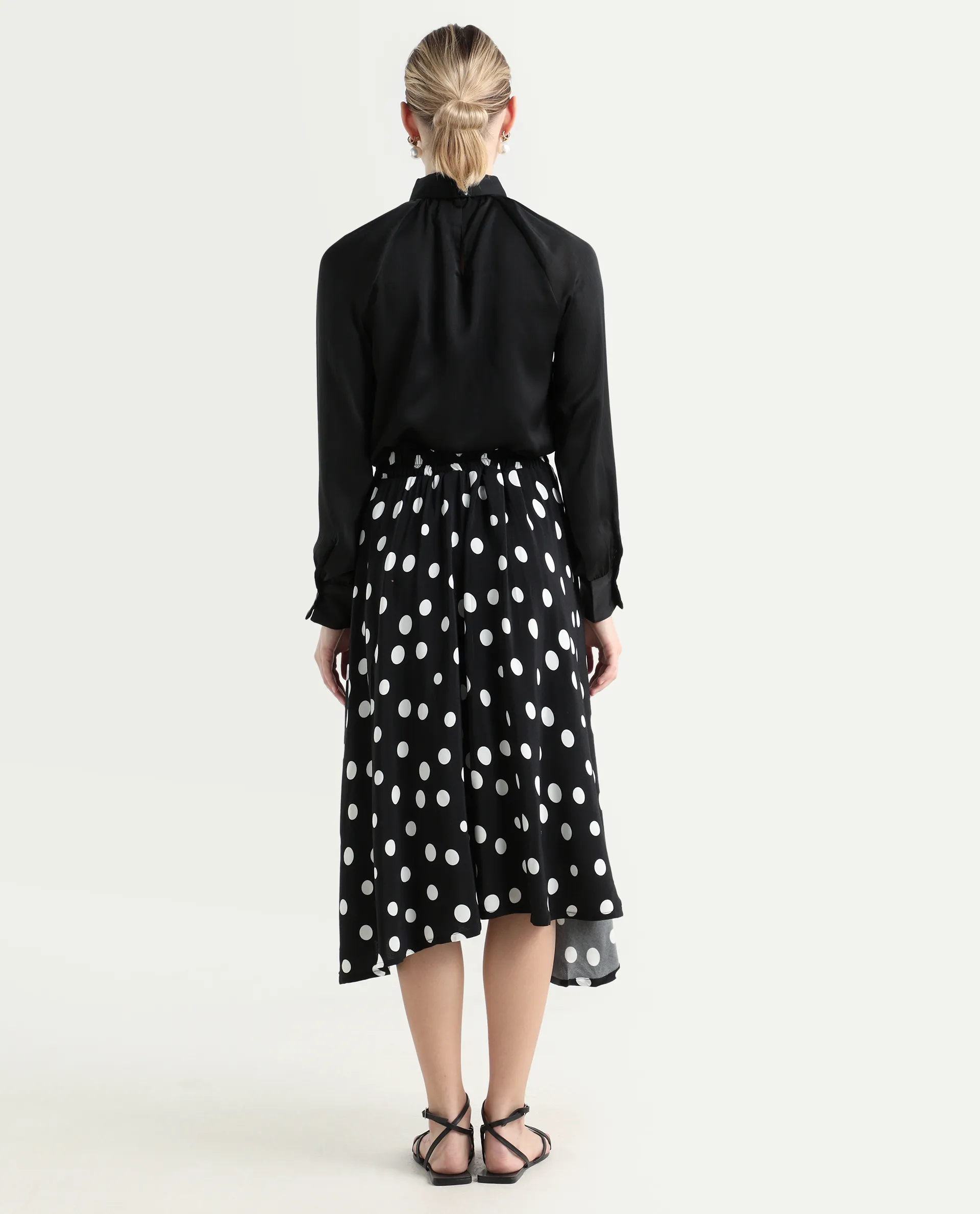 Rareism Women's Chatton Black Polyester Blend Polka Print Knee Length Flared Skirt - Image 7