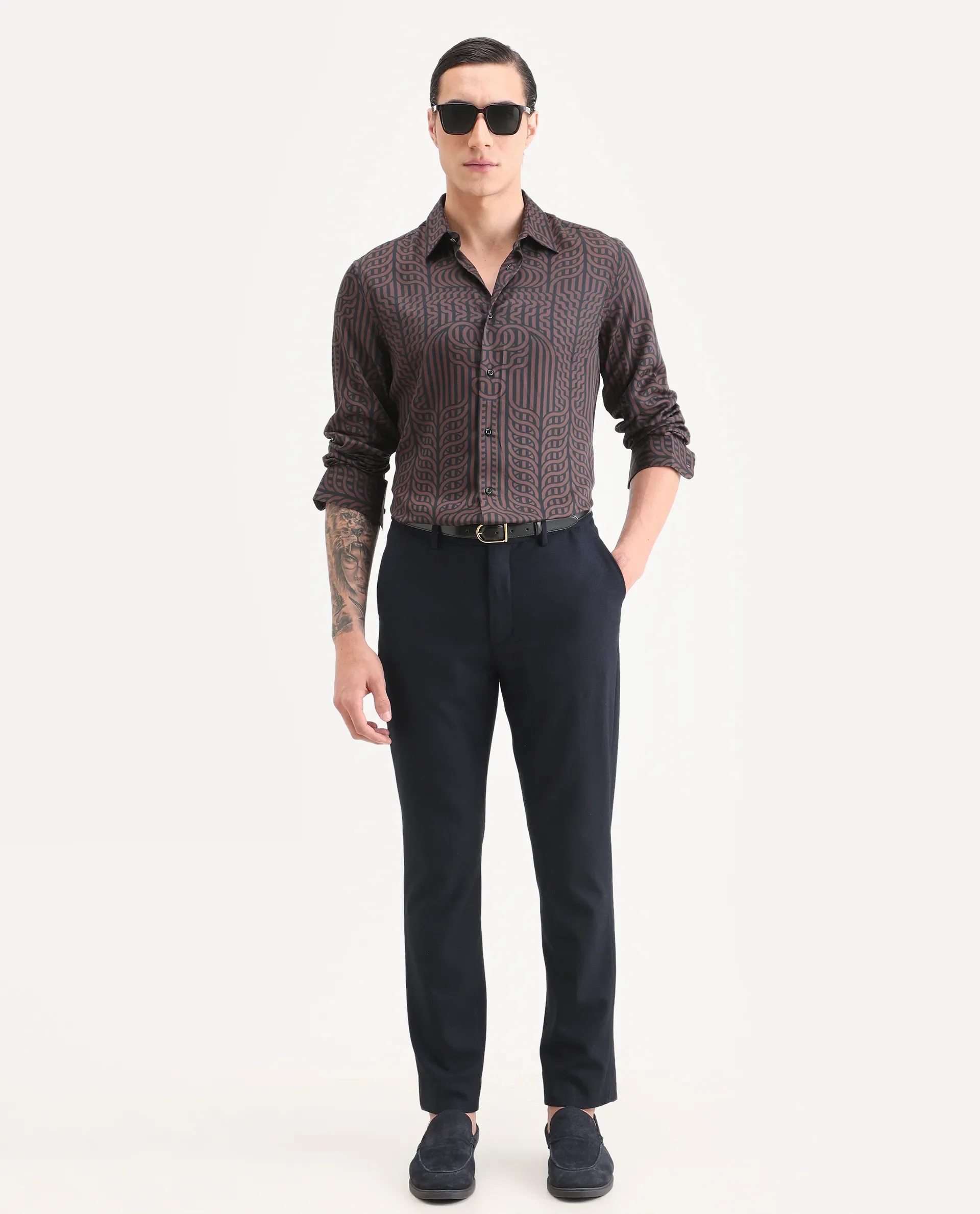 Rare Rabbit Men's Chel Brown Cotton Blend Fabric Full Sleeve Spread Collar Regular Fit Geometric Print Shirt - Image 2