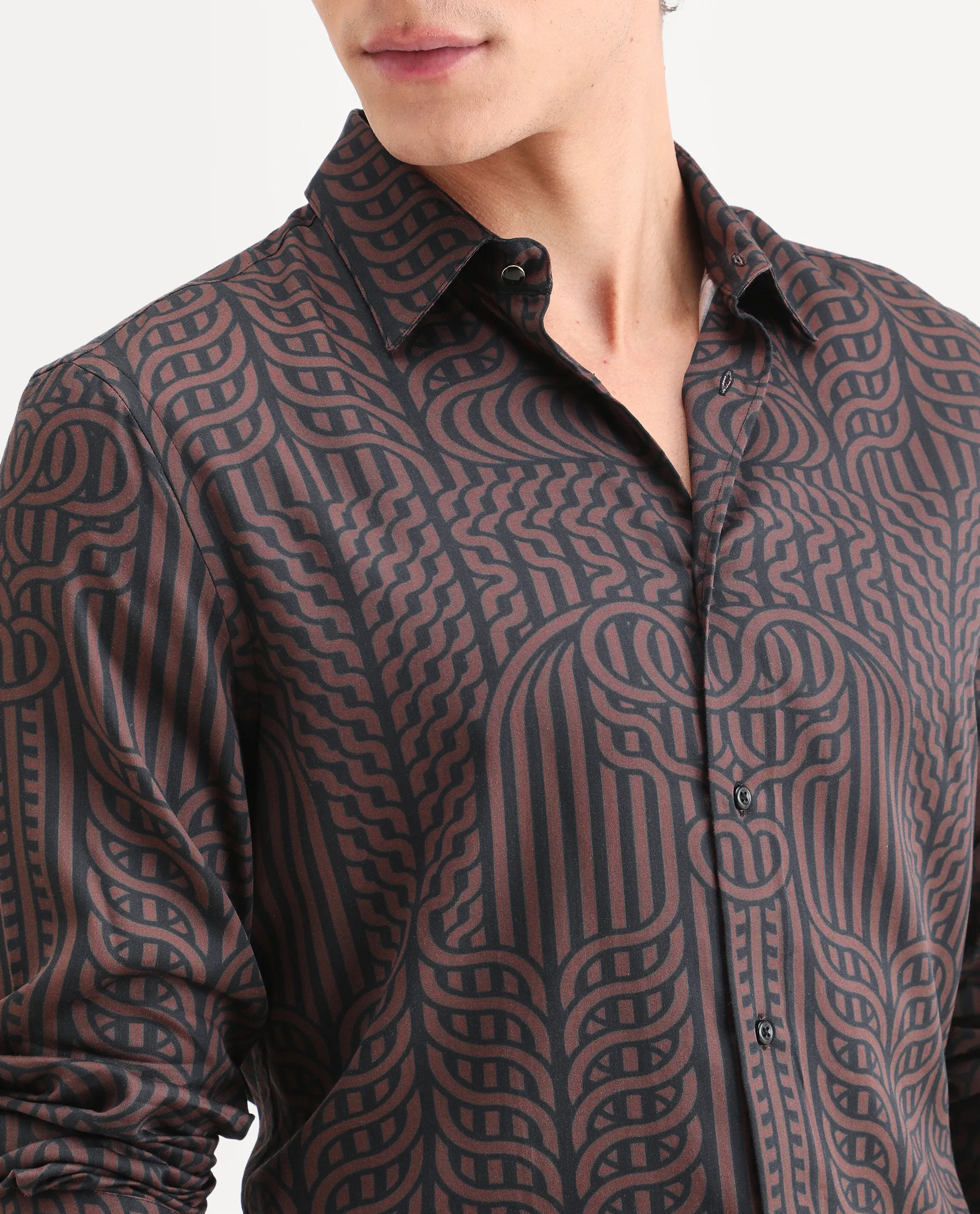 Rare Rabbit Men's Chel Brown Cotton Blend Fabric Full Sleeve Spread Collar Regular Fit Geometric Print Shirt - Image 3