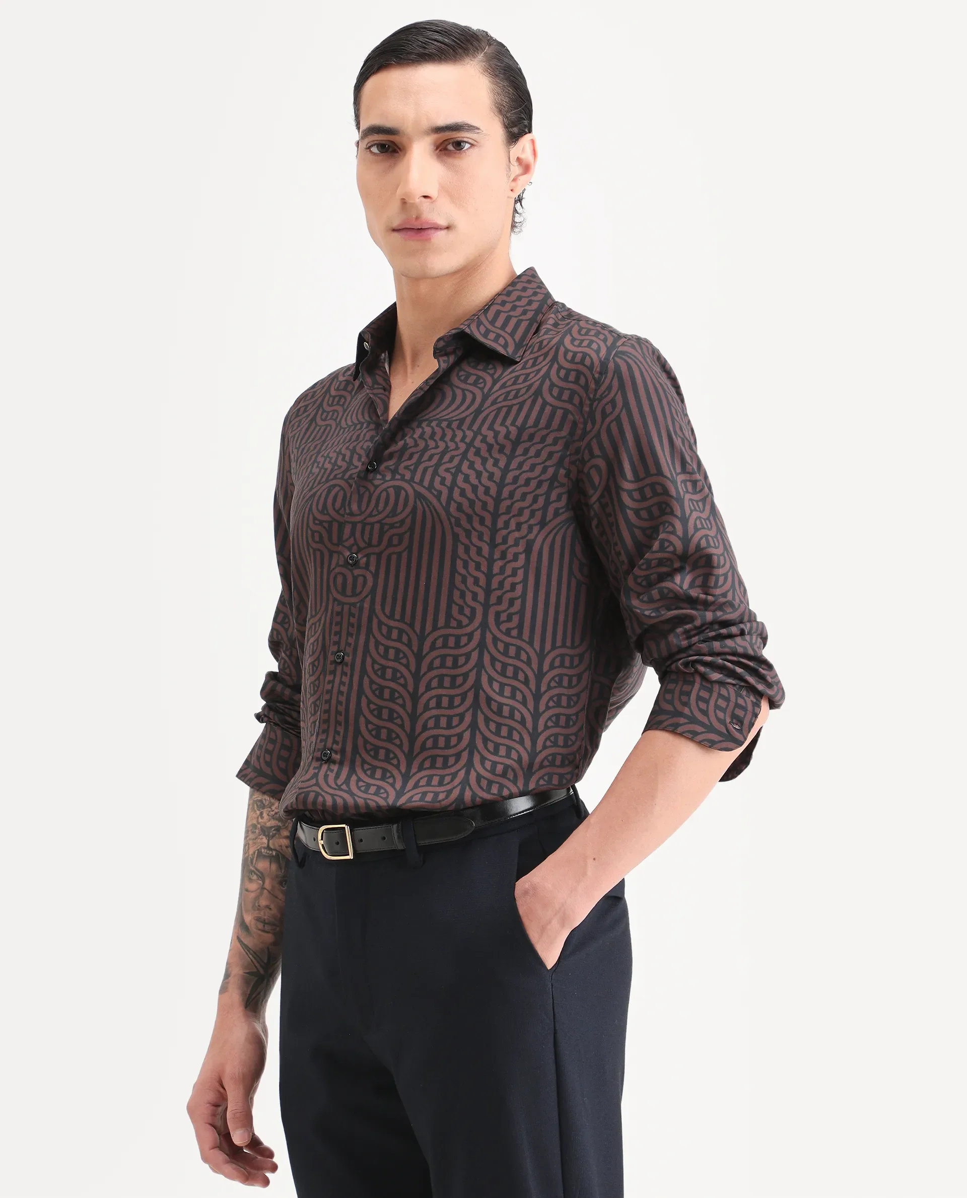 Rare Rabbit Men's Chel Brown Cotton Blend Fabric Full Sleeve Spread Collar Regular Fit Geometric Print Shirt - Image 4