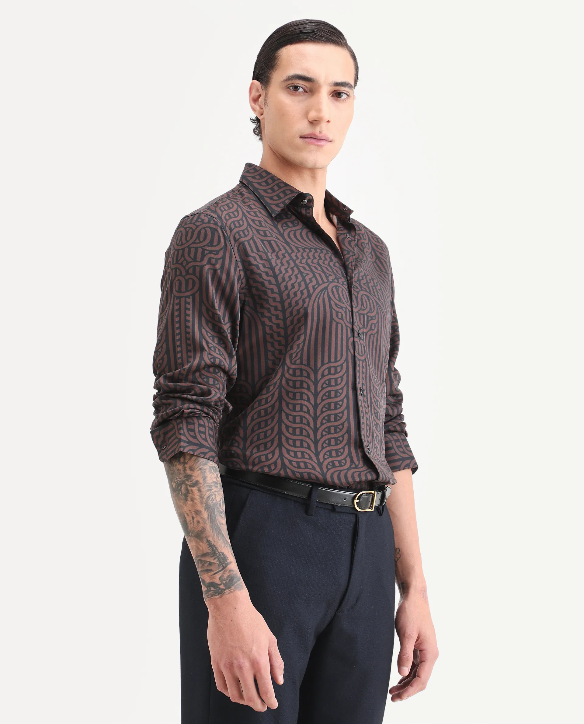 Rare Rabbit Men's Chel Brown Cotton Blend Fabric Full Sleeve Spread Collar Regular Fit Geometric Print Shirt - Image 5