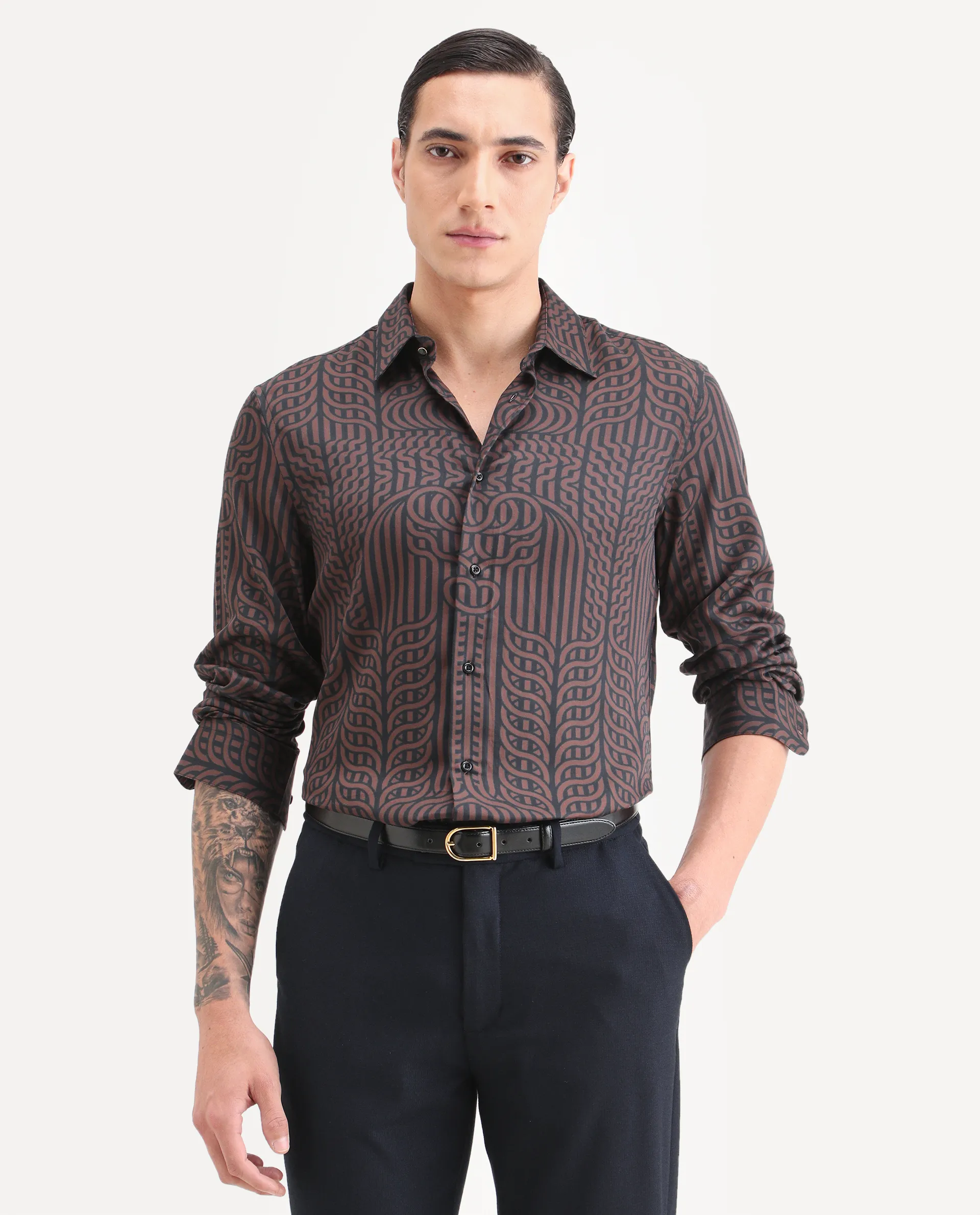 Rare Rabbit Men's Chel Brown Cotton Blend Fabric Full Sleeve Spread Collar Regular Fit Geometric Print Shirt - Image 6