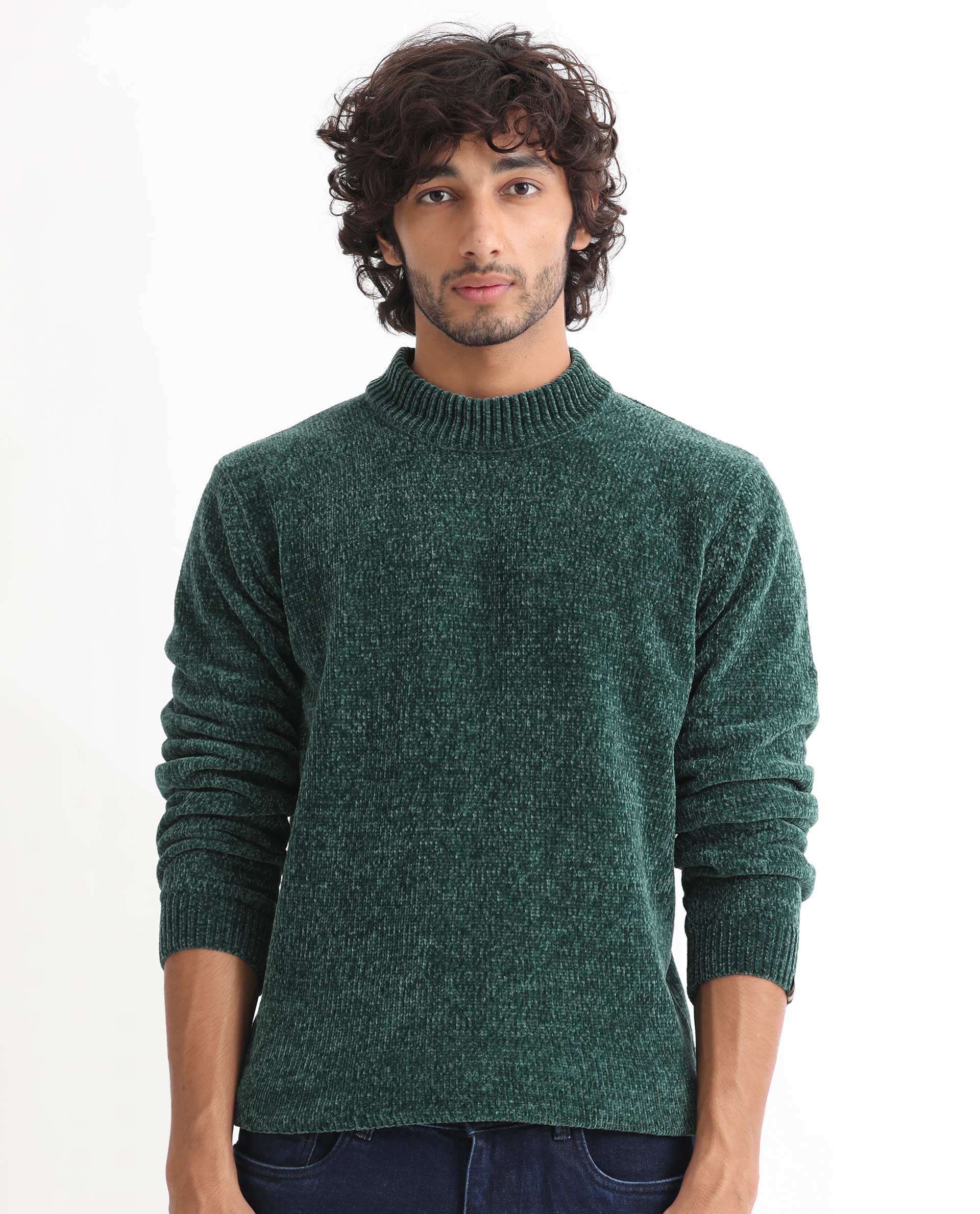 Rare Rabbit Men's Chen Green Polyester Textured Relaxed Fit Full Sleeve High Neck Sweater