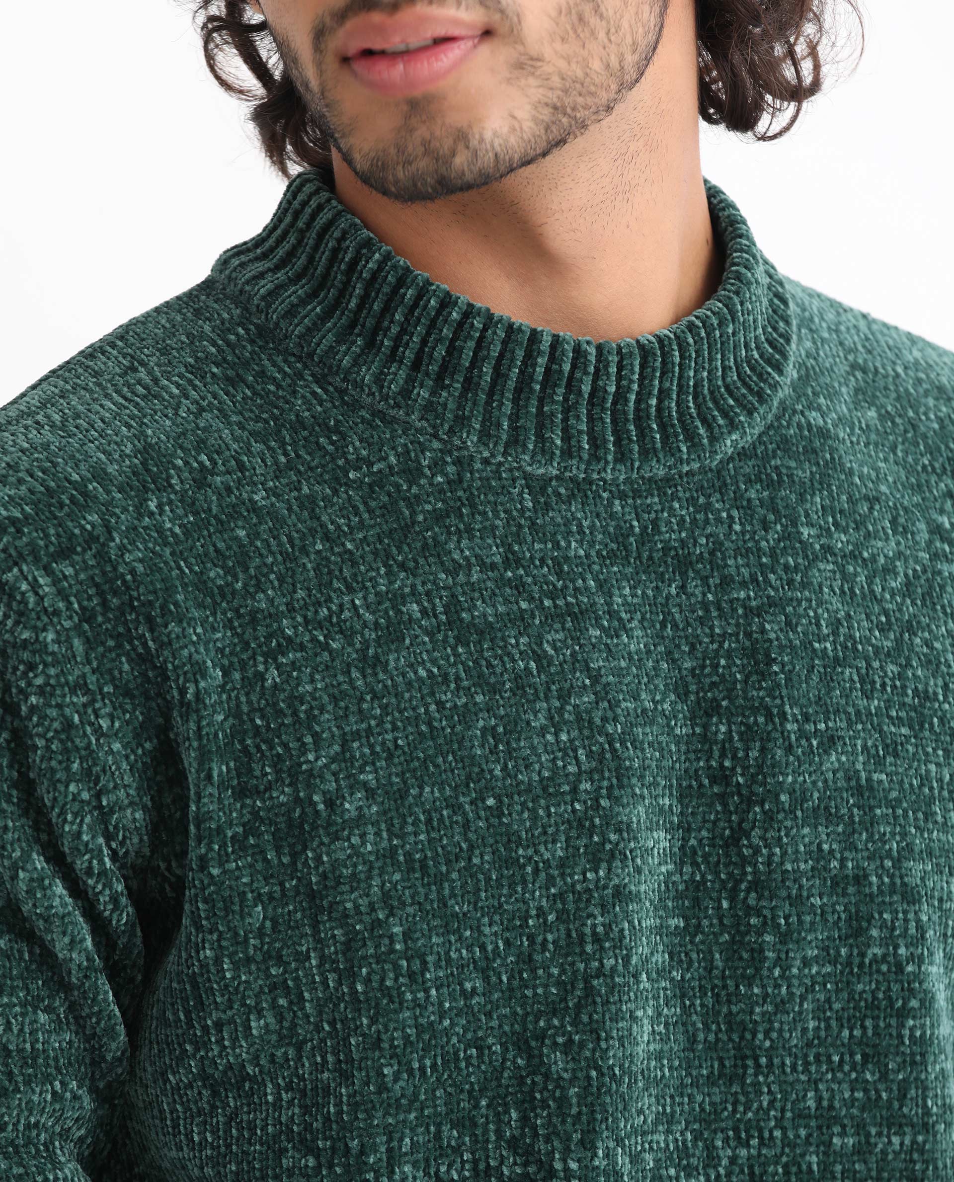 Rare Rabbit Men's Chen Green Polyester Textured Relaxed Fit Full Sleeve High Neck Sweater - Image 2