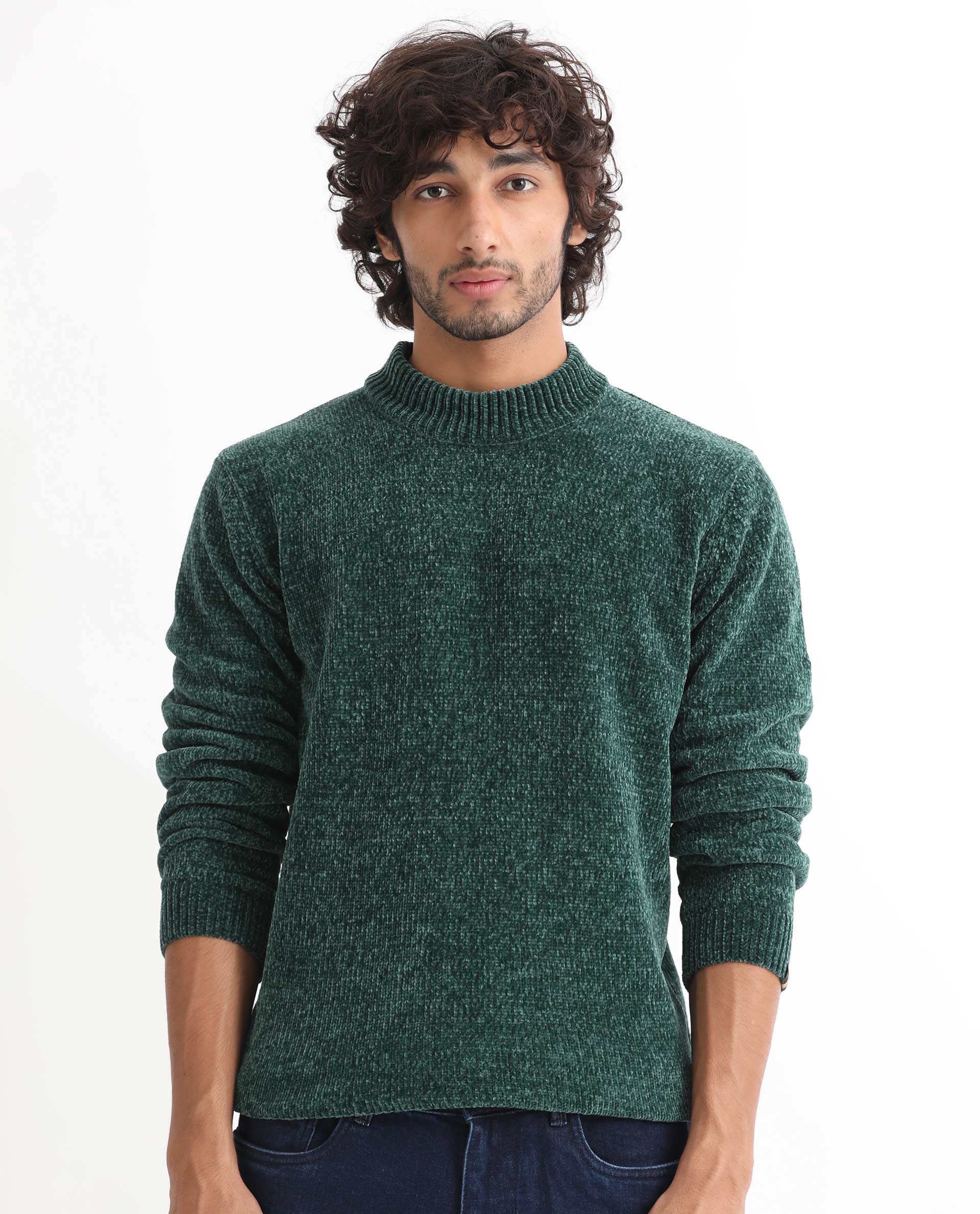 Rare Rabbit Men's Chen Green Polyester Textured Relaxed Fit Full Sleeve High Neck Sweater - Image 4