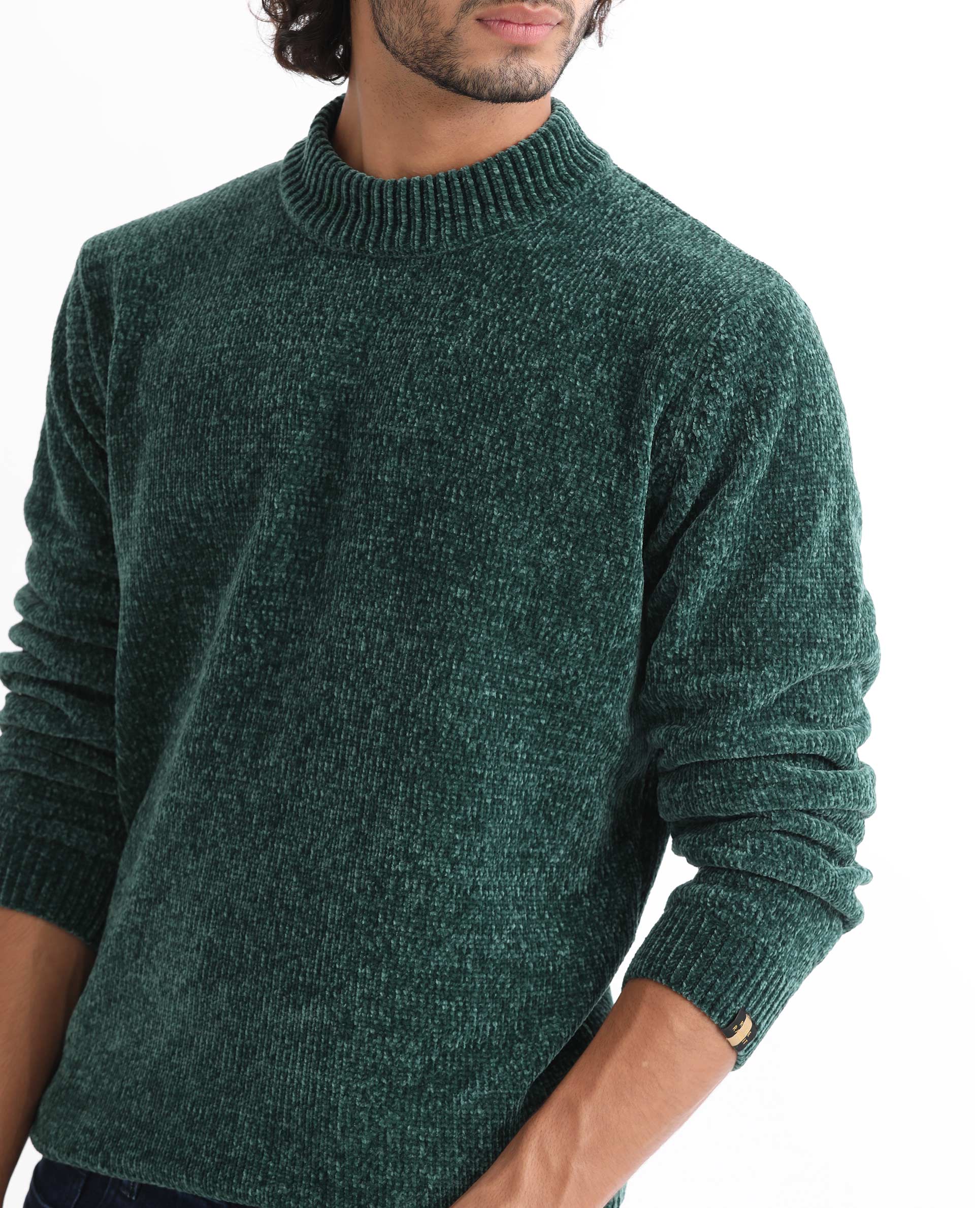 Rare Rabbit Men's Chen Green Polyester Textured Relaxed Fit Full Sleeve High Neck Sweater - Image 5