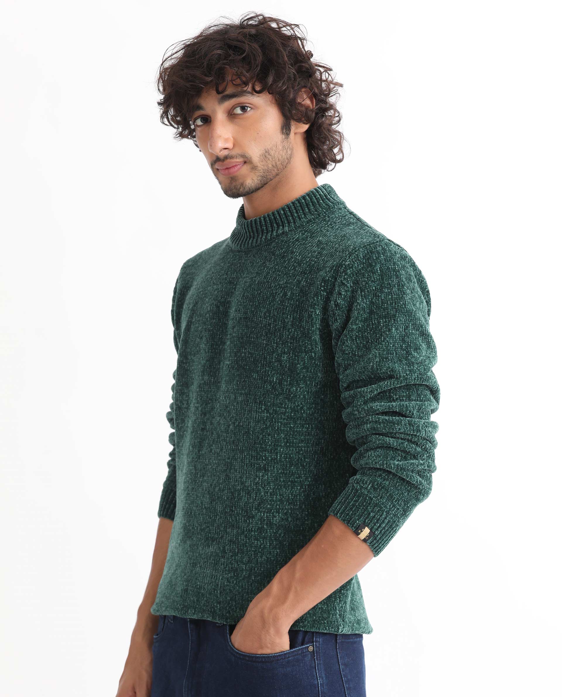 Rare Rabbit Men's Chen Green Polyester Textured Relaxed Fit Full Sleeve High Neck Sweater - Image 8