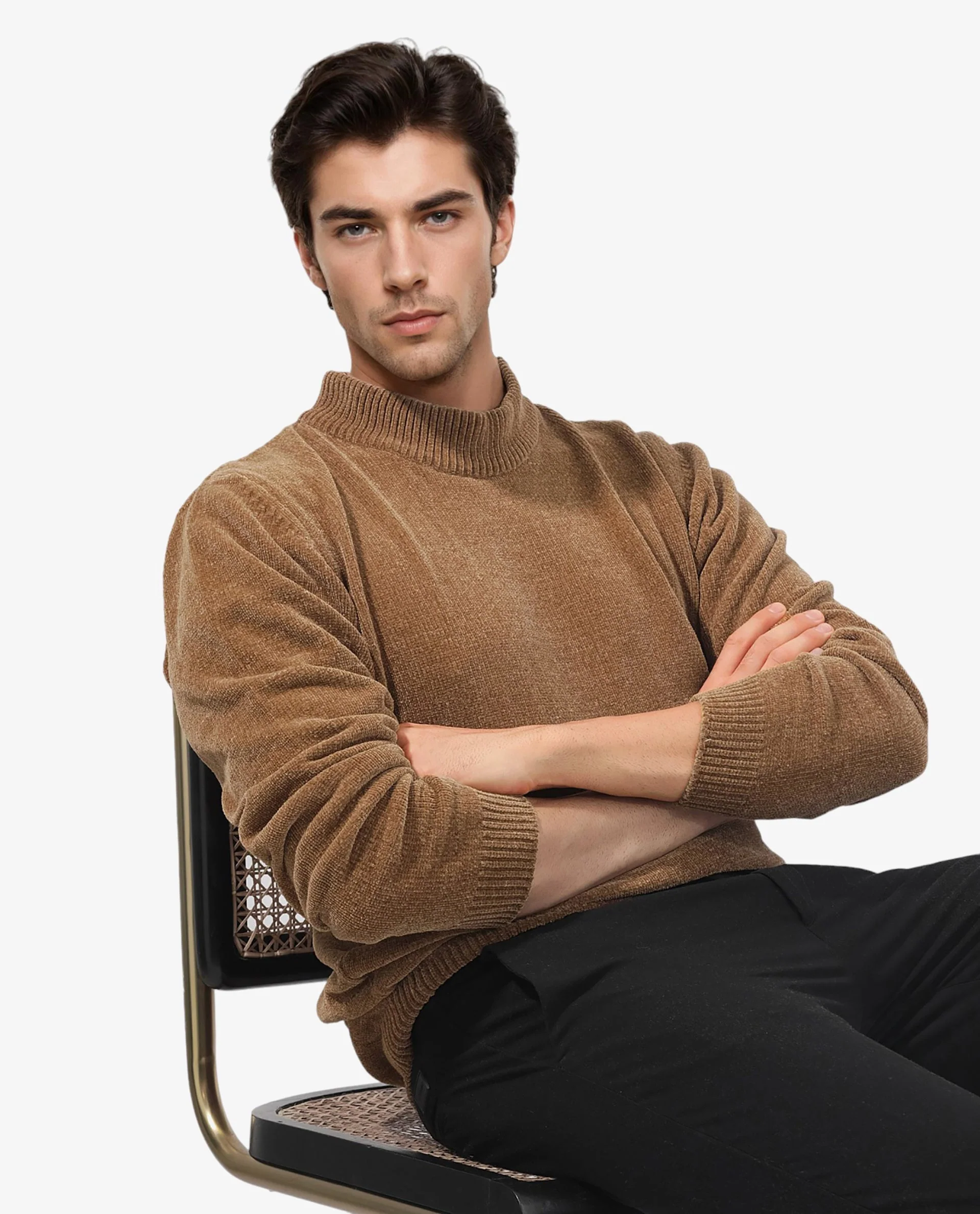 Rare Rabbit Men's Chenee Brown Cotton Textured Relaxed Fit Full Sleeve High Neck Sweater