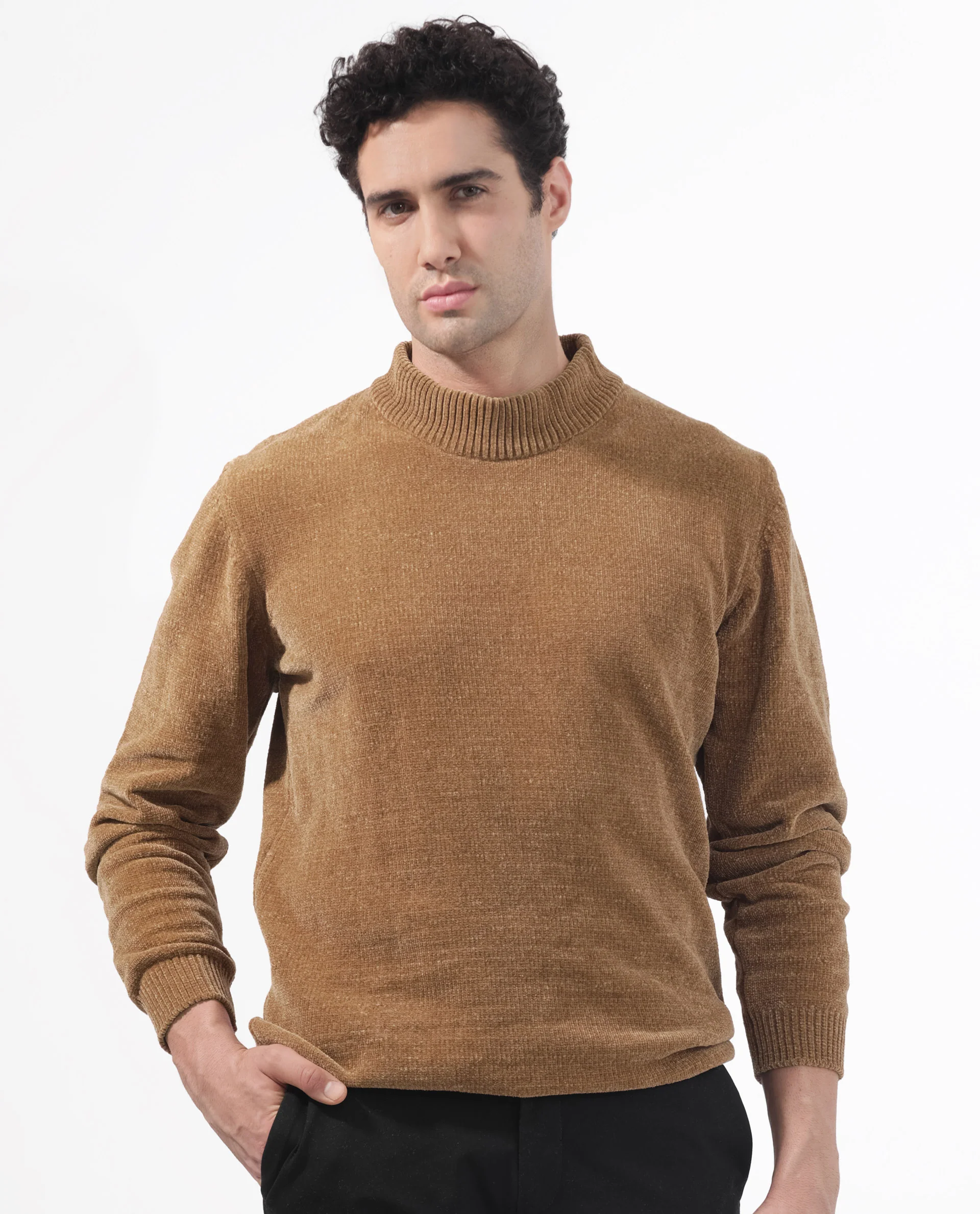 Rare Rabbit Men's Chenee Brown Cotton Textured Relaxed Fit Full Sleeve High Neck Sweater - Image 2