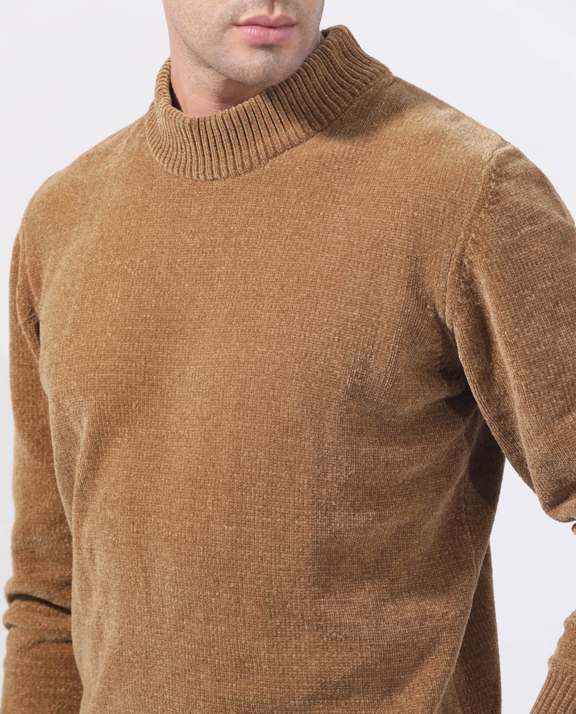 Rare Rabbit Men's Chenee Brown Cotton Textured Relaxed Fit Full Sleeve High Neck Sweater - Image 3