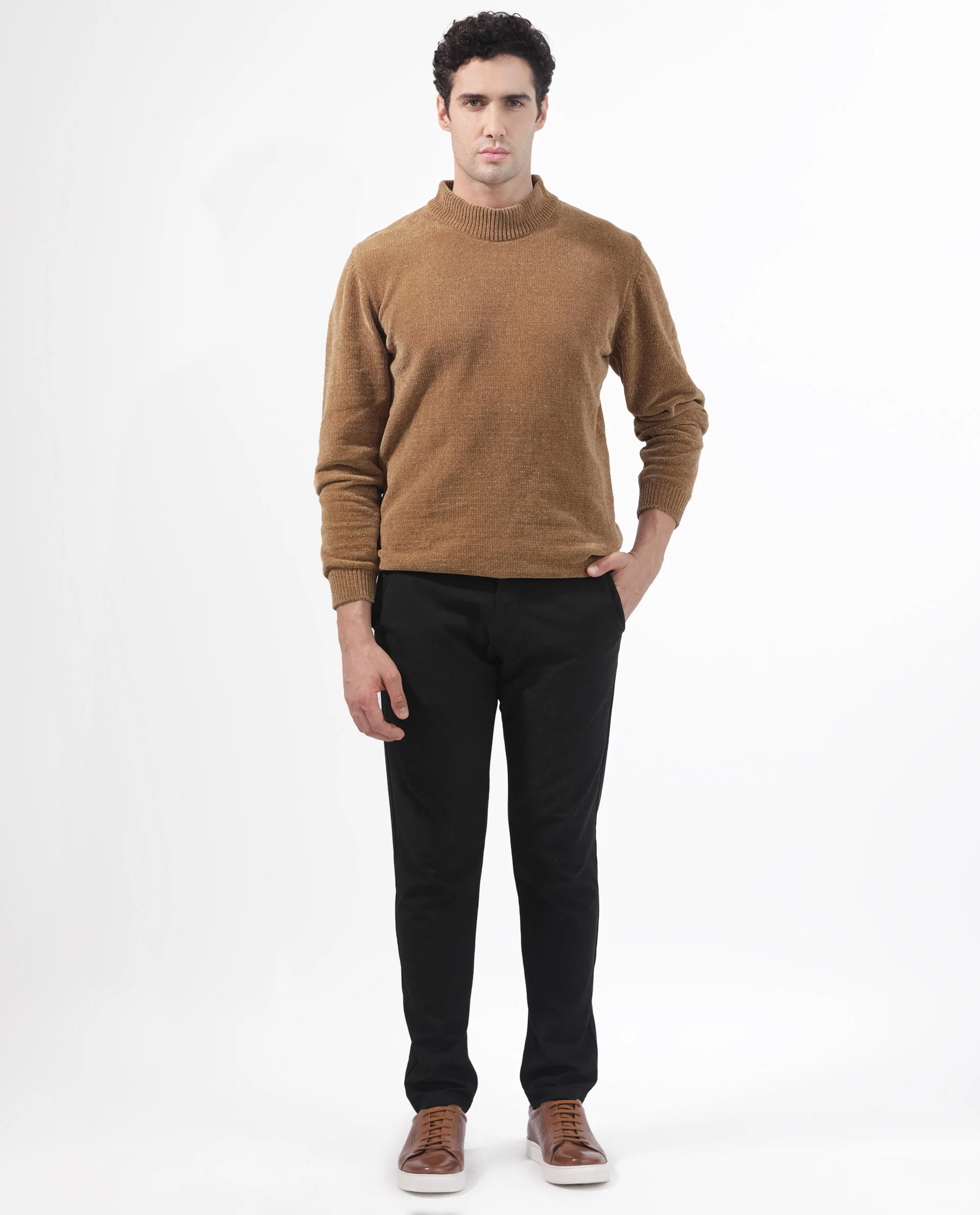 Rare Rabbit Men's Chenee Brown Cotton Textured Relaxed Fit Full Sleeve High Neck Sweater - Image 4