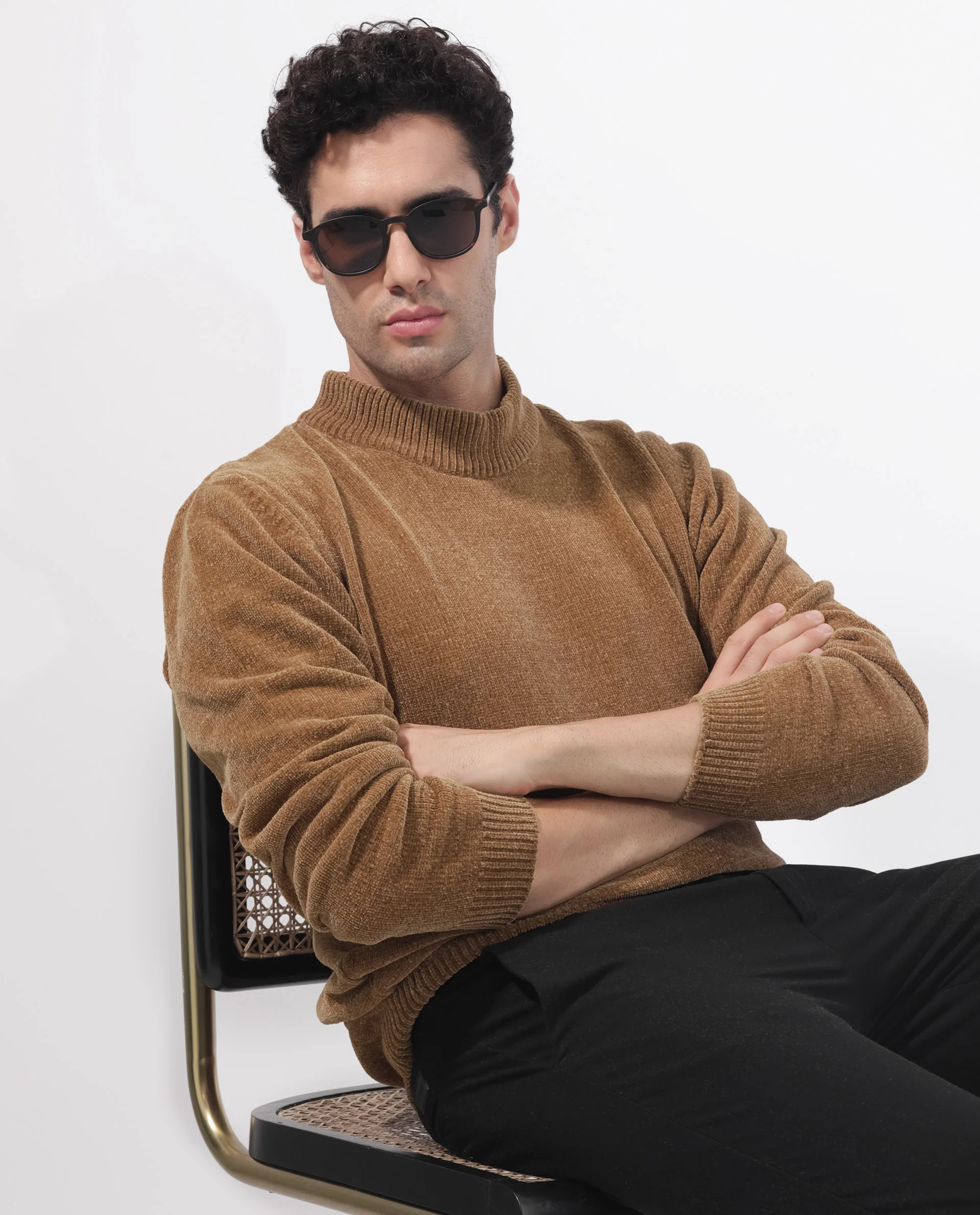 Rare Rabbit Men's Chenee Brown Cotton Textured Relaxed Fit Full Sleeve High Neck Sweater - Image 5