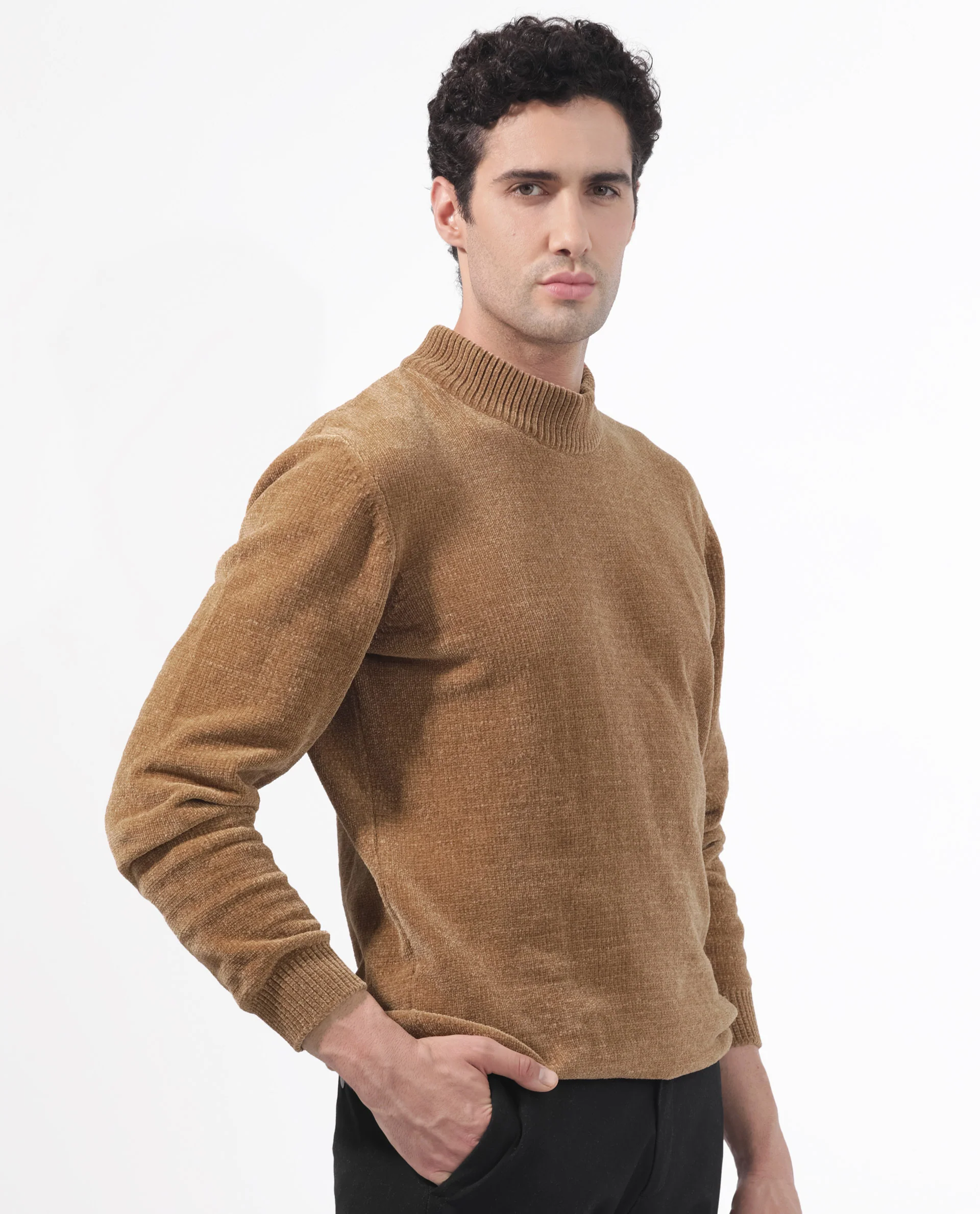 Rare Rabbit Men's Chenee Brown Cotton Textured Relaxed Fit Full Sleeve High Neck Sweater - Image 8