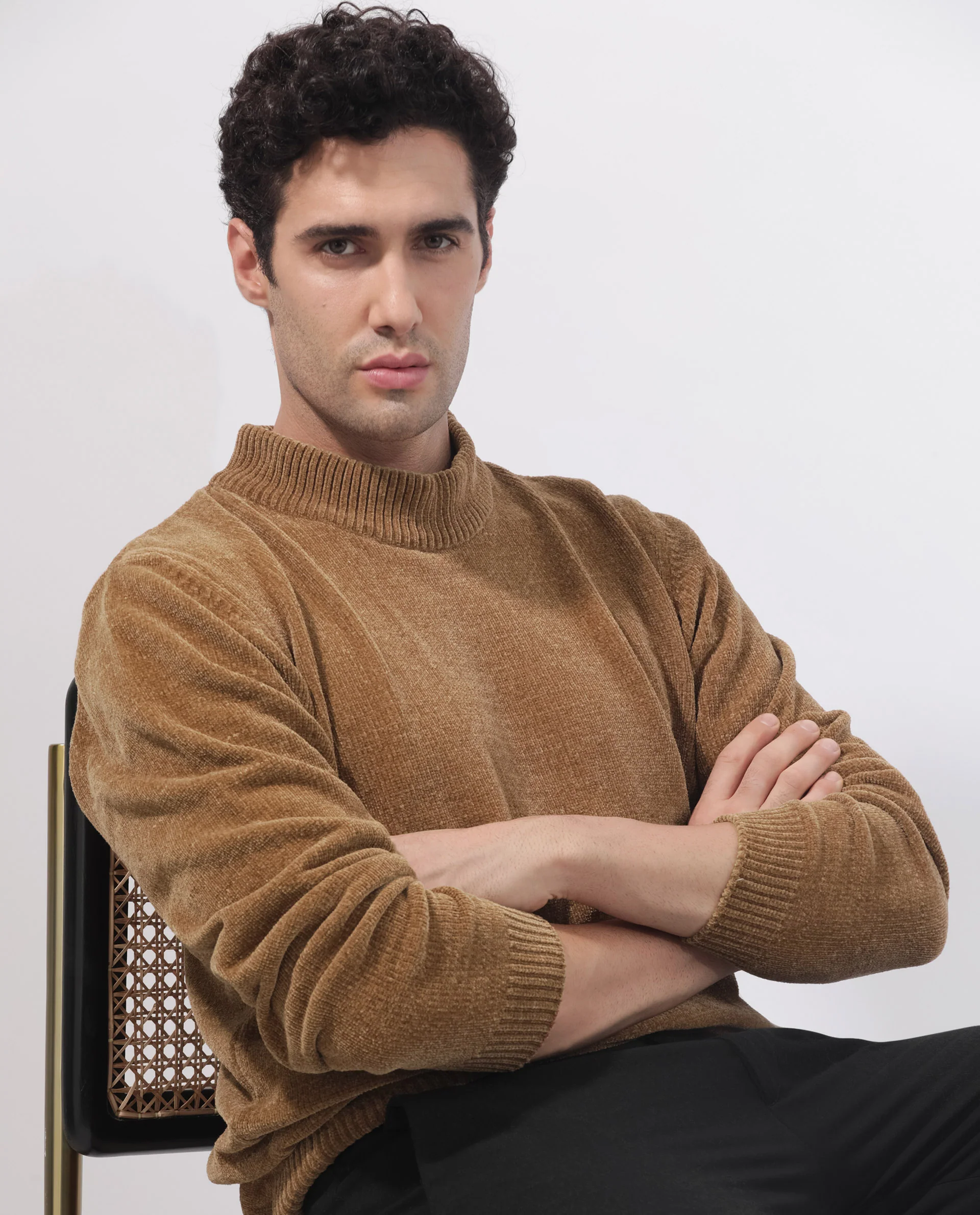 Rare Rabbit Men's Chenee Brown Cotton Textured Relaxed Fit Full Sleeve High Neck Sweater - Image 9