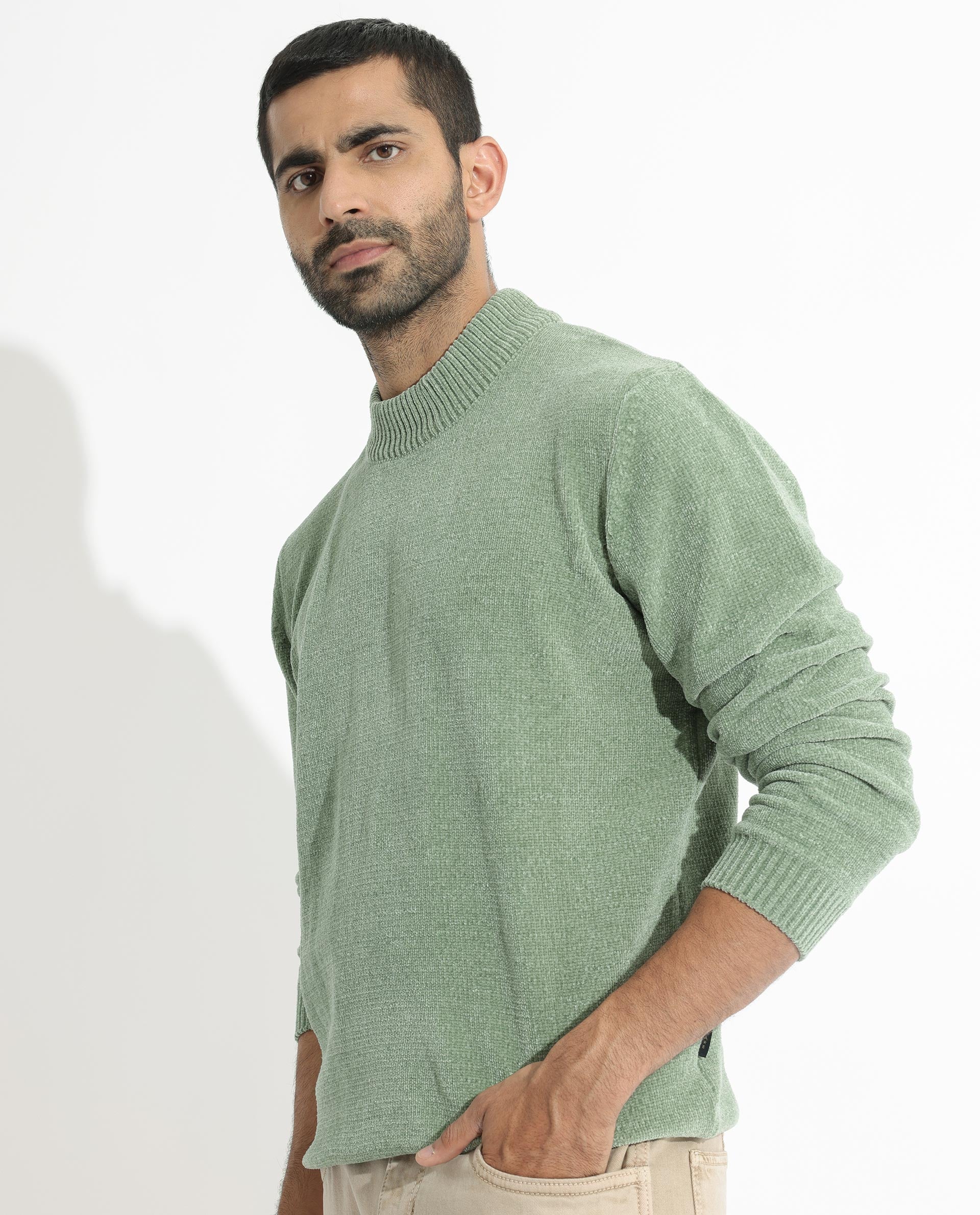 Rare Rabbit Men's Chenee Green Textured Relaxed Fit Full Sleeve High Neck Sweater