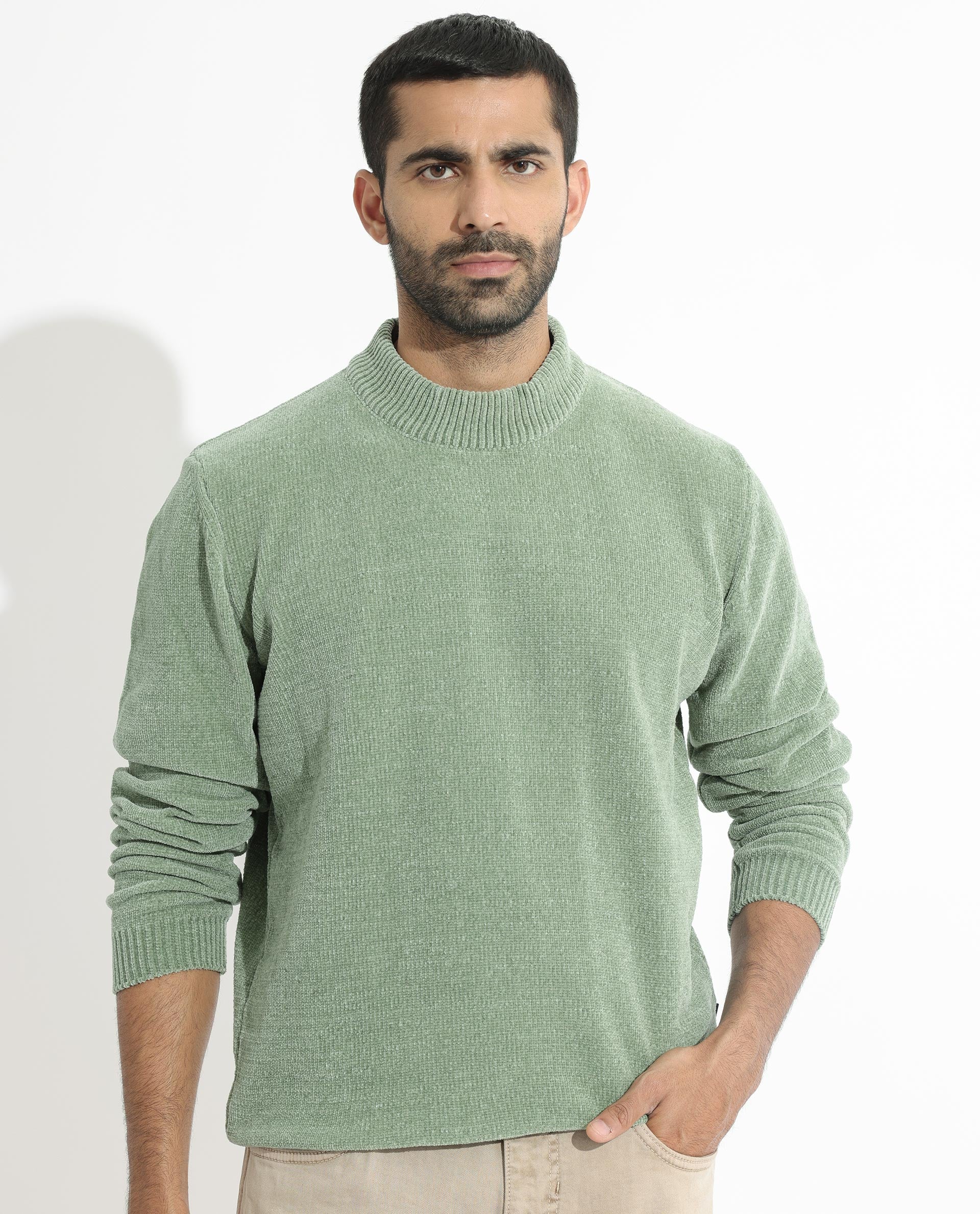 Rare Rabbit Men's Chenee Green Textured Relaxed Fit Full Sleeve High Neck Sweater - Image 3