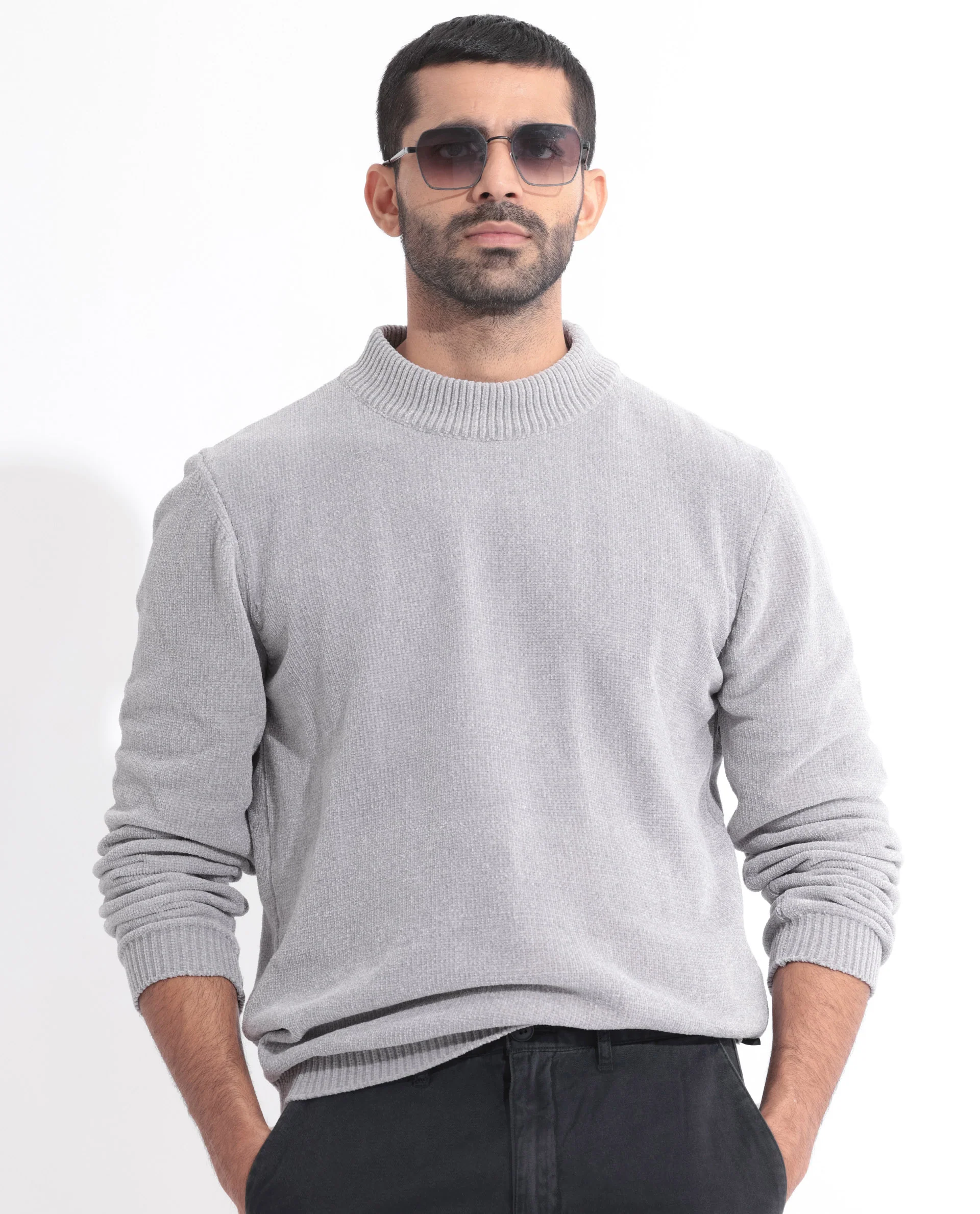 Rare Rabbit Men's Chenee Light Grey Textured Relaxed Fit Full Sleeve High Neck Sweater