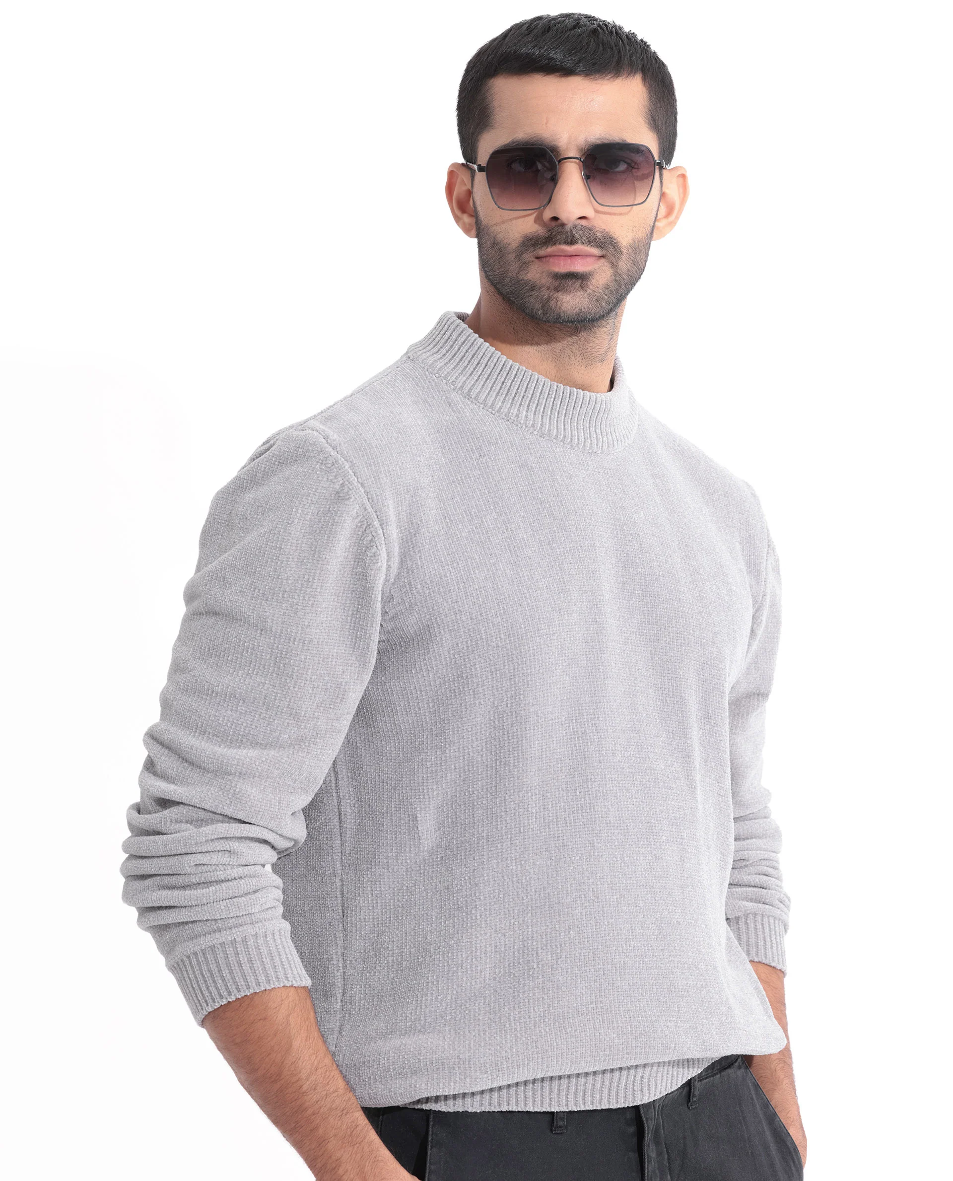 Rare Rabbit Men's Chenee Light Grey Textured Relaxed Fit Full Sleeve High Neck Sweater - Image 5