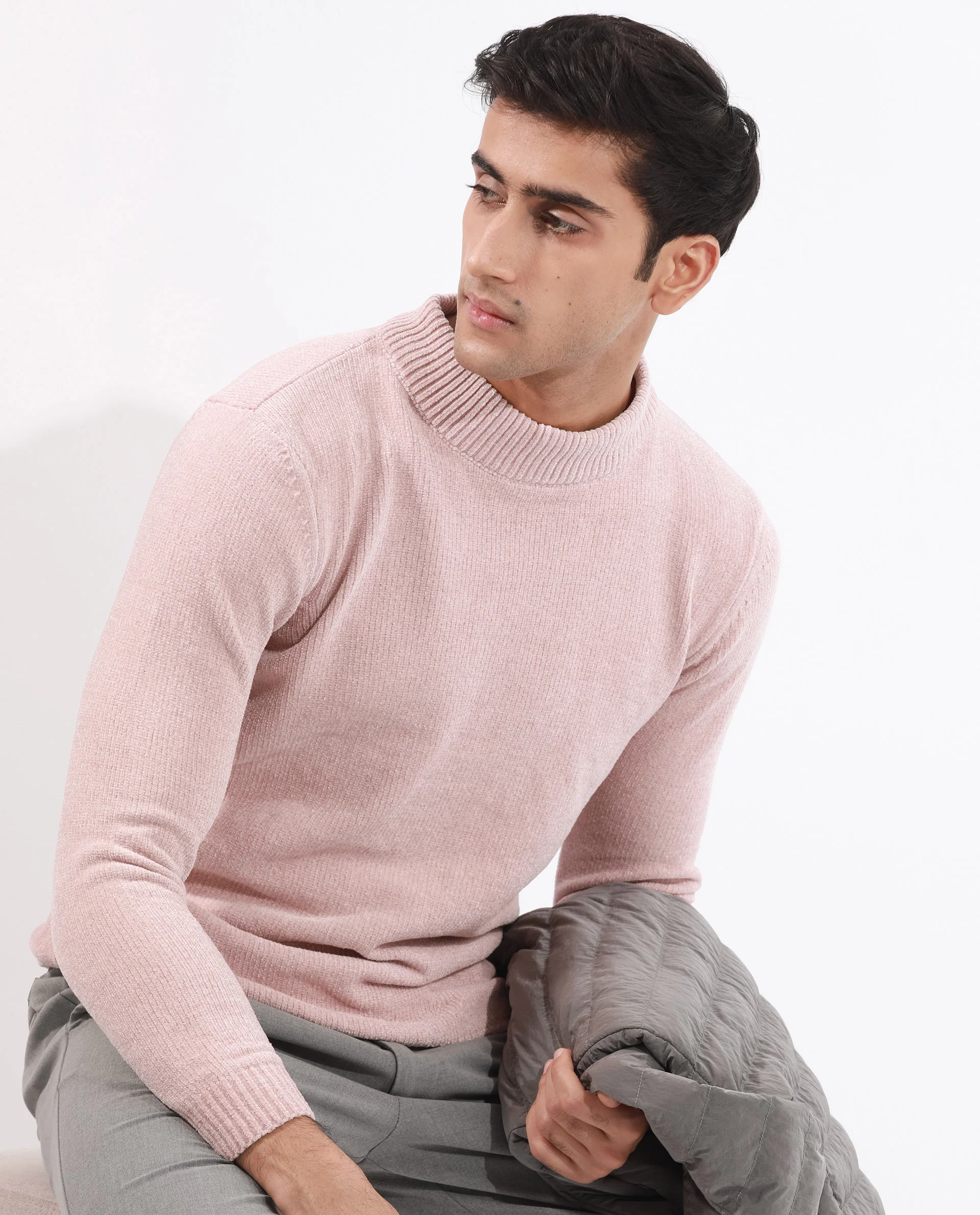 Rare Rabbit Men's Chenee Light Pink Textured Relaxed Fit Full Sleeve High Neck Sweater - Image 9
