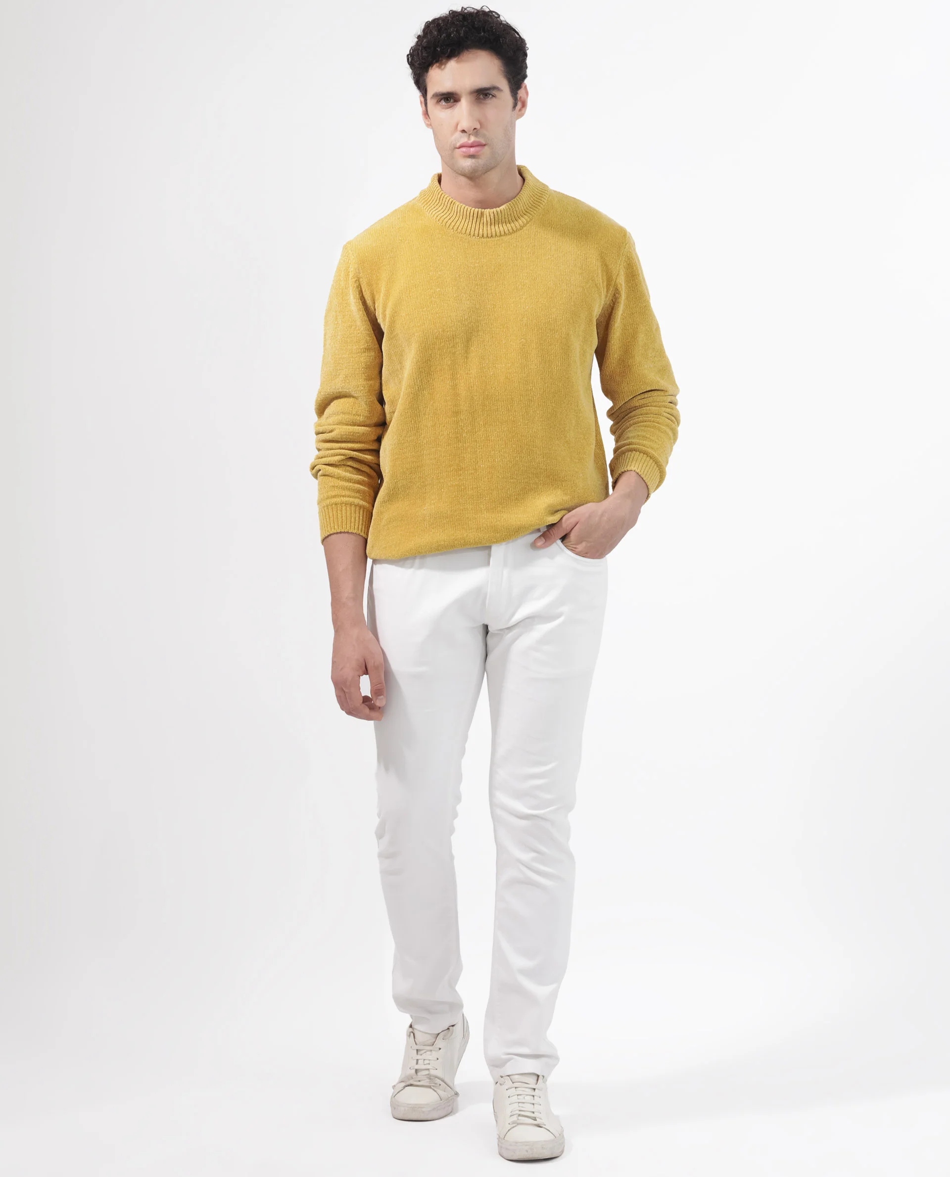 Rare Rabbit Men's Chenee Mustard Textured Relaxed Fit Full Sleeve High Neck Sweater - Image 2