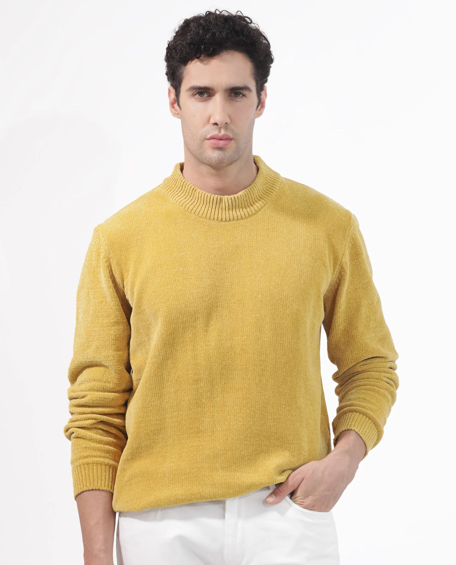 Rare Rabbit Men's Chenee Mustard Textured Relaxed Fit Full Sleeve High Neck Sweater - Image 3