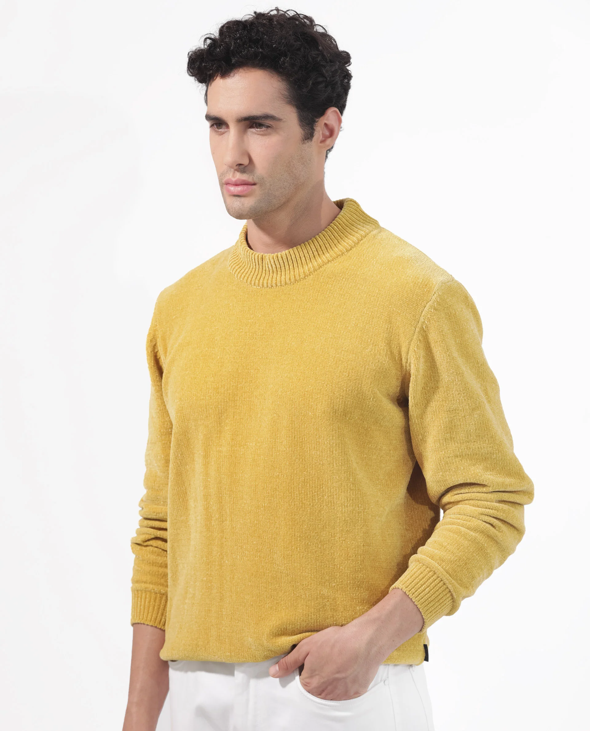 Rare Rabbit Men's Chenee Mustard Textured Relaxed Fit Full Sleeve High Neck Sweater - Image 6