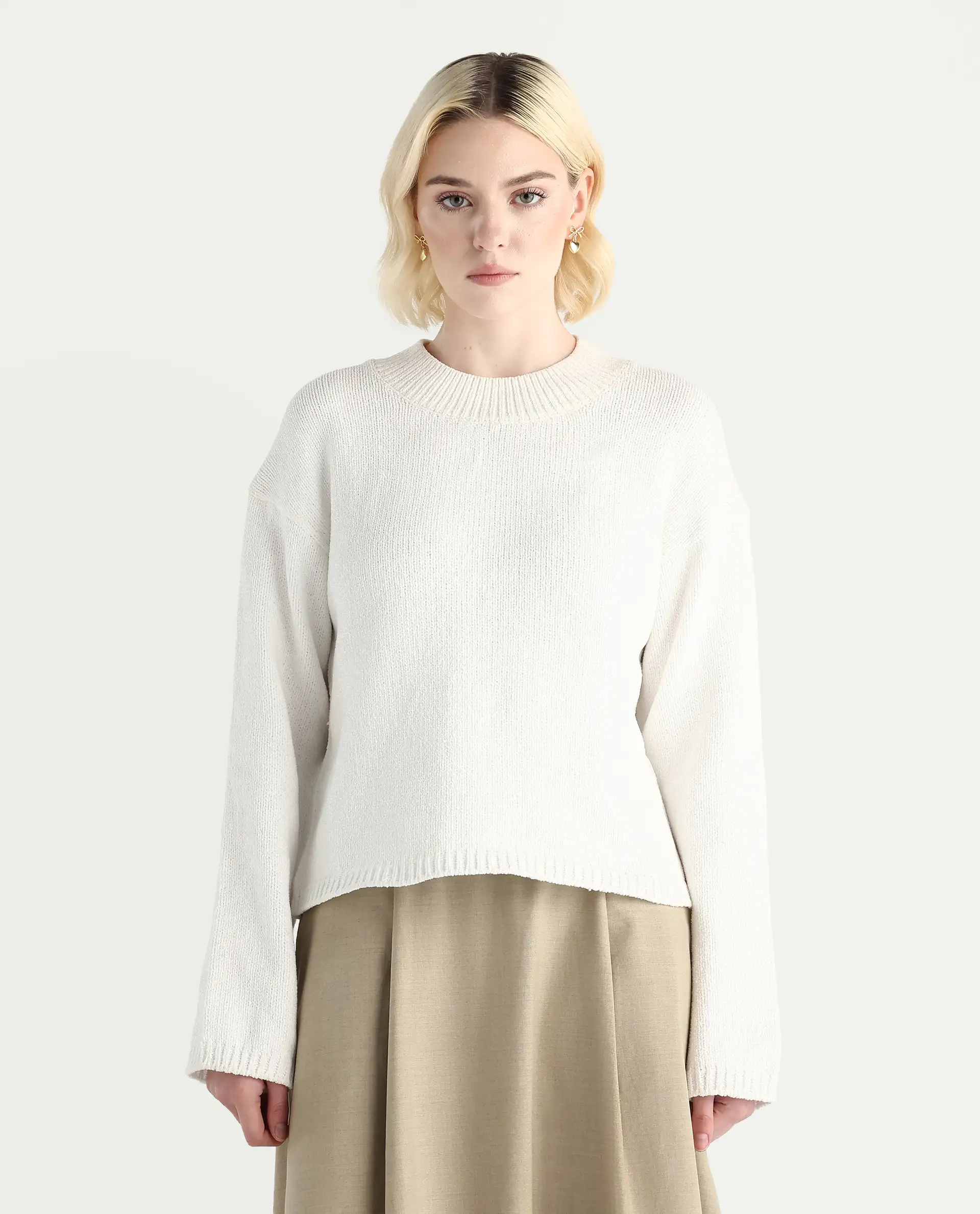 Rareism Women's Chenin Off White Polyester High Neck Oversize Fit Sweater - Image 4