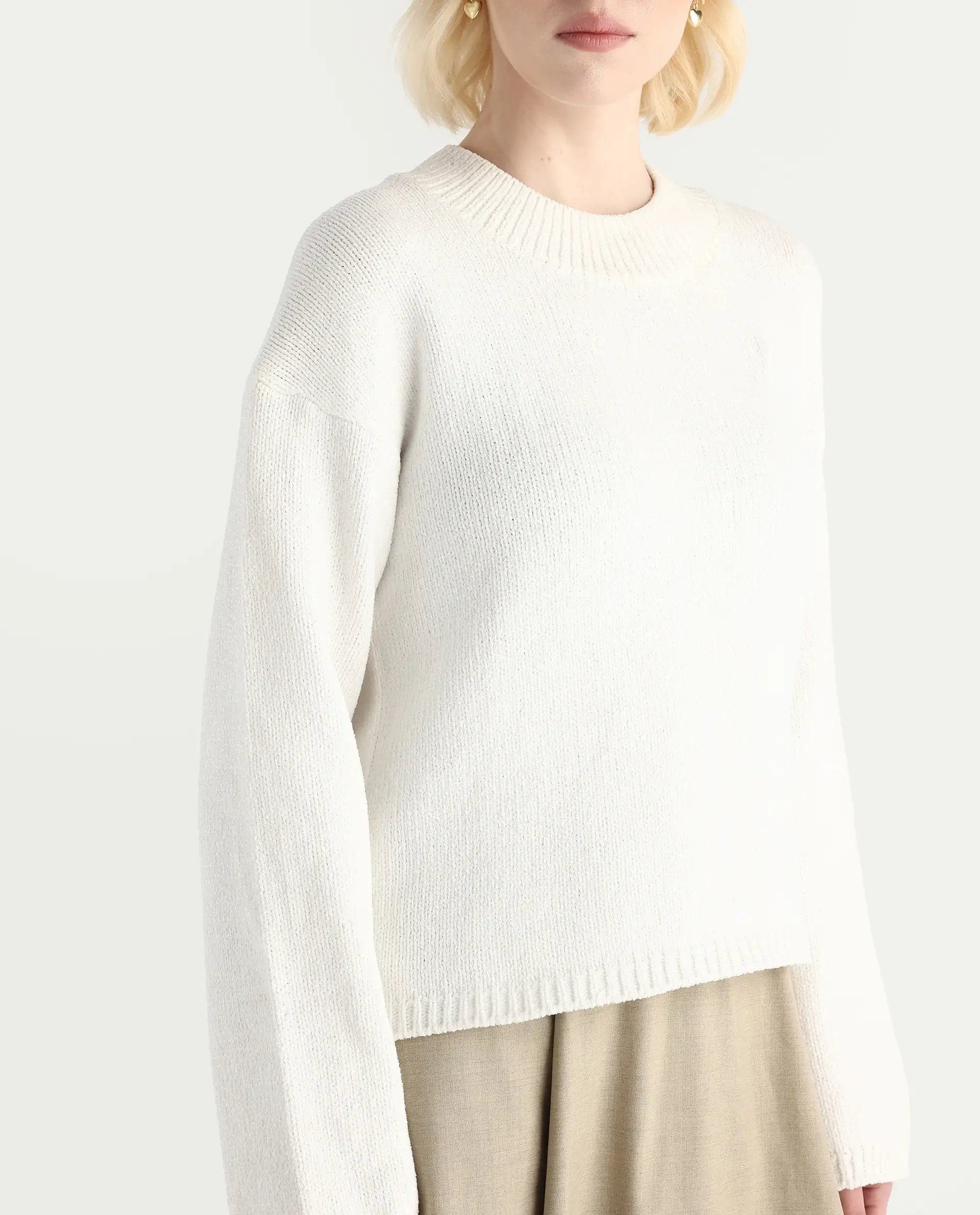 Rareism Women's Chenin Off White Polyester High Neck Oversize Fit Sweater - Image 5