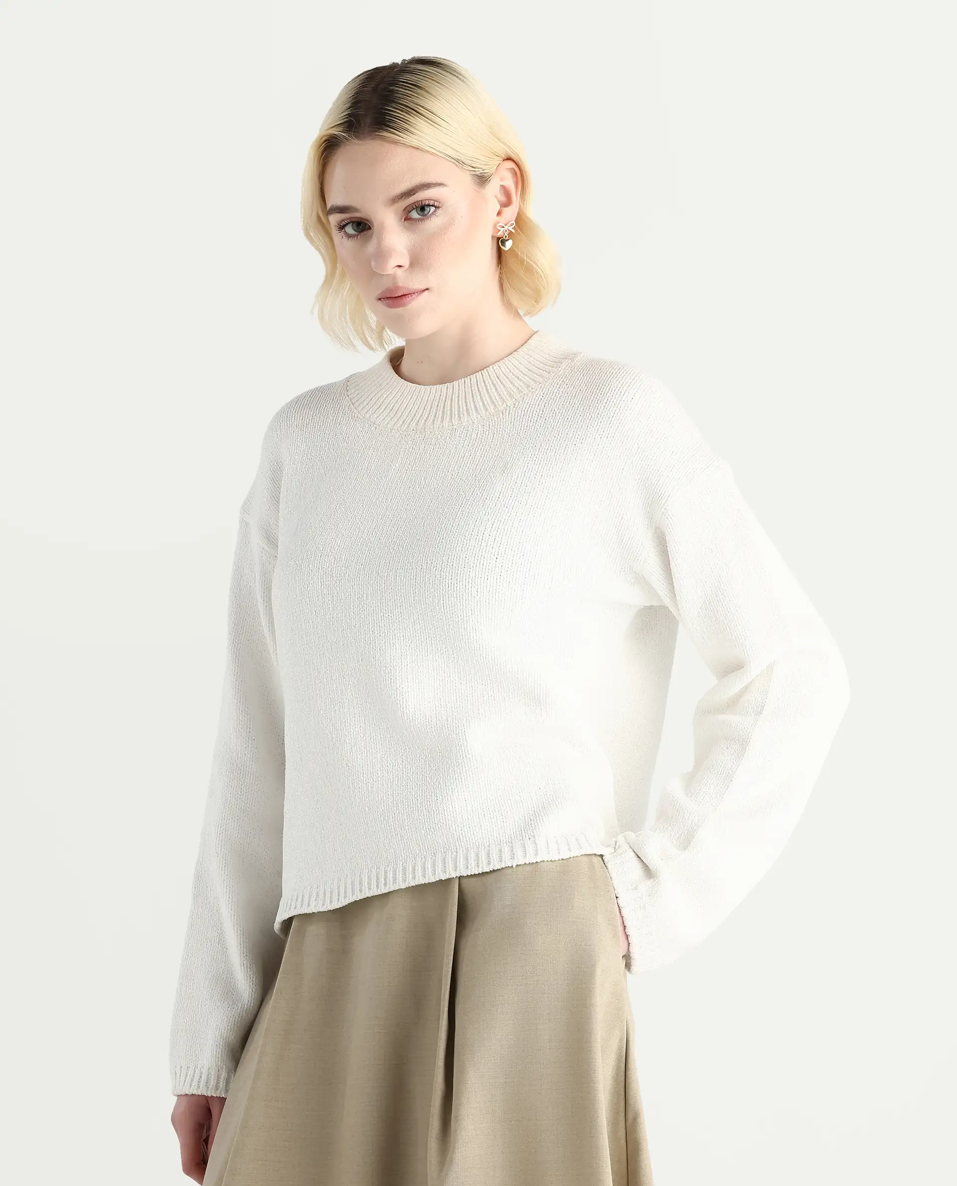 Rareism Women's Chenin Off White Polyester High Neck Oversize Fit Sweater - Image 6