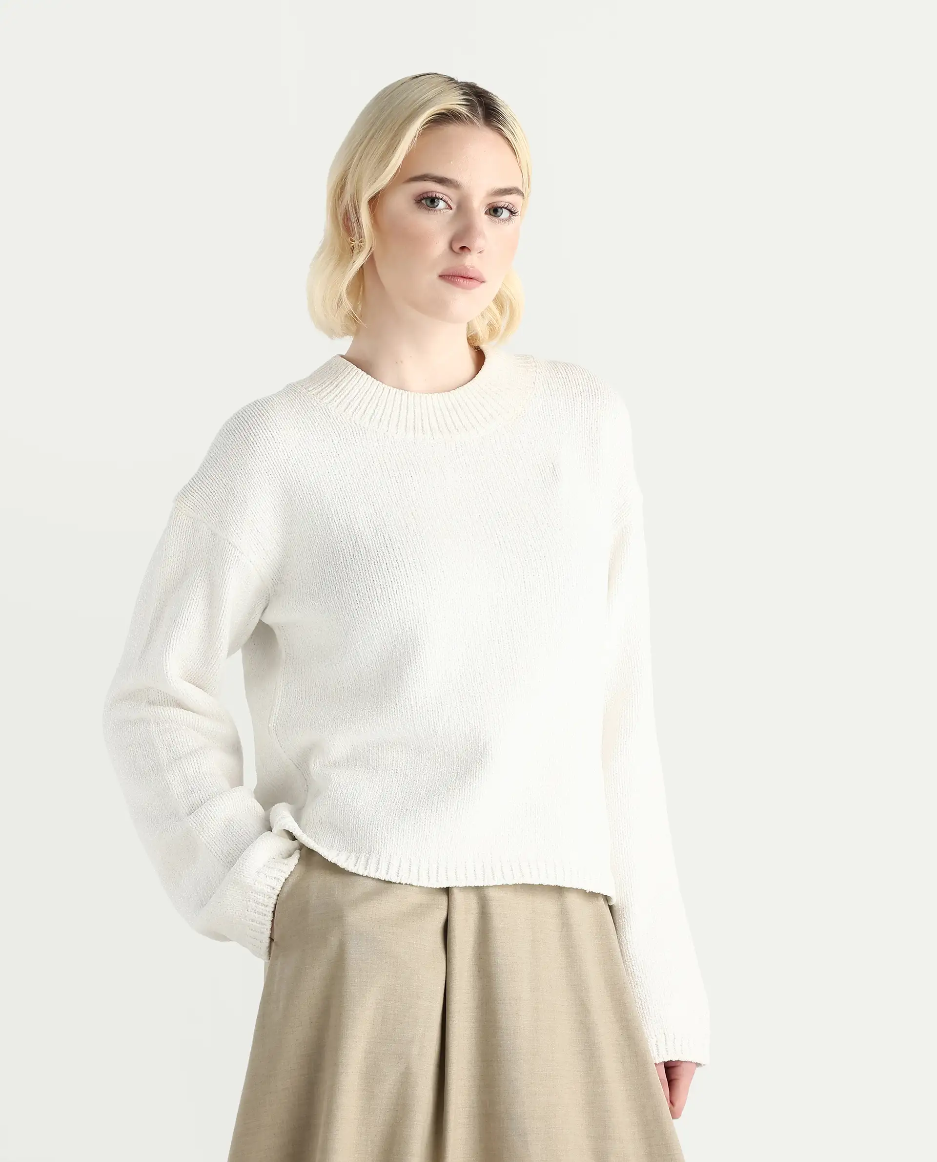 Rareism Women's Chenin Off White Polyester High Neck Oversize Fit Sweater - Image 7