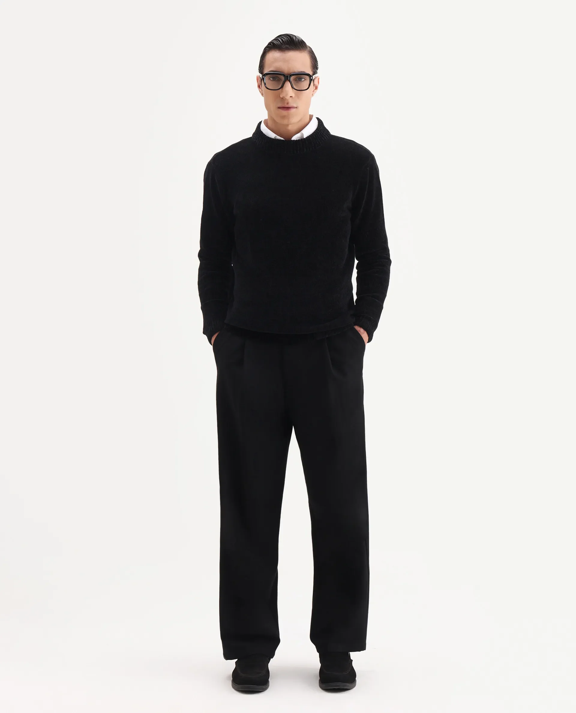 Rare Rabbit Men's Chens Black Polyester Fabric Full Sleeve Crew Neck Regular Plain Sweater - Image 2