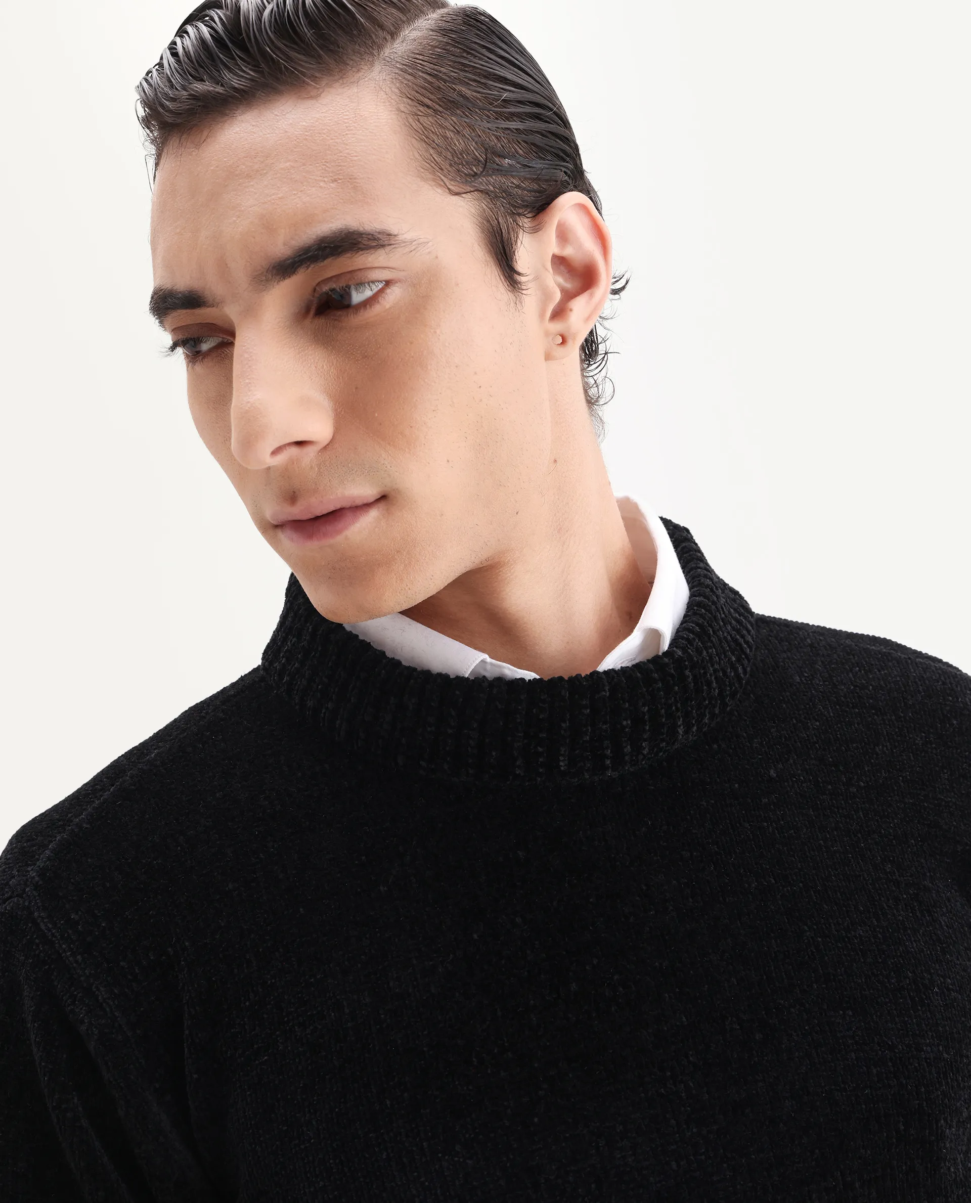Rare Rabbit Men's Chens Black Polyester Fabric Full Sleeve Crew Neck Regular Plain Sweater - Image 3