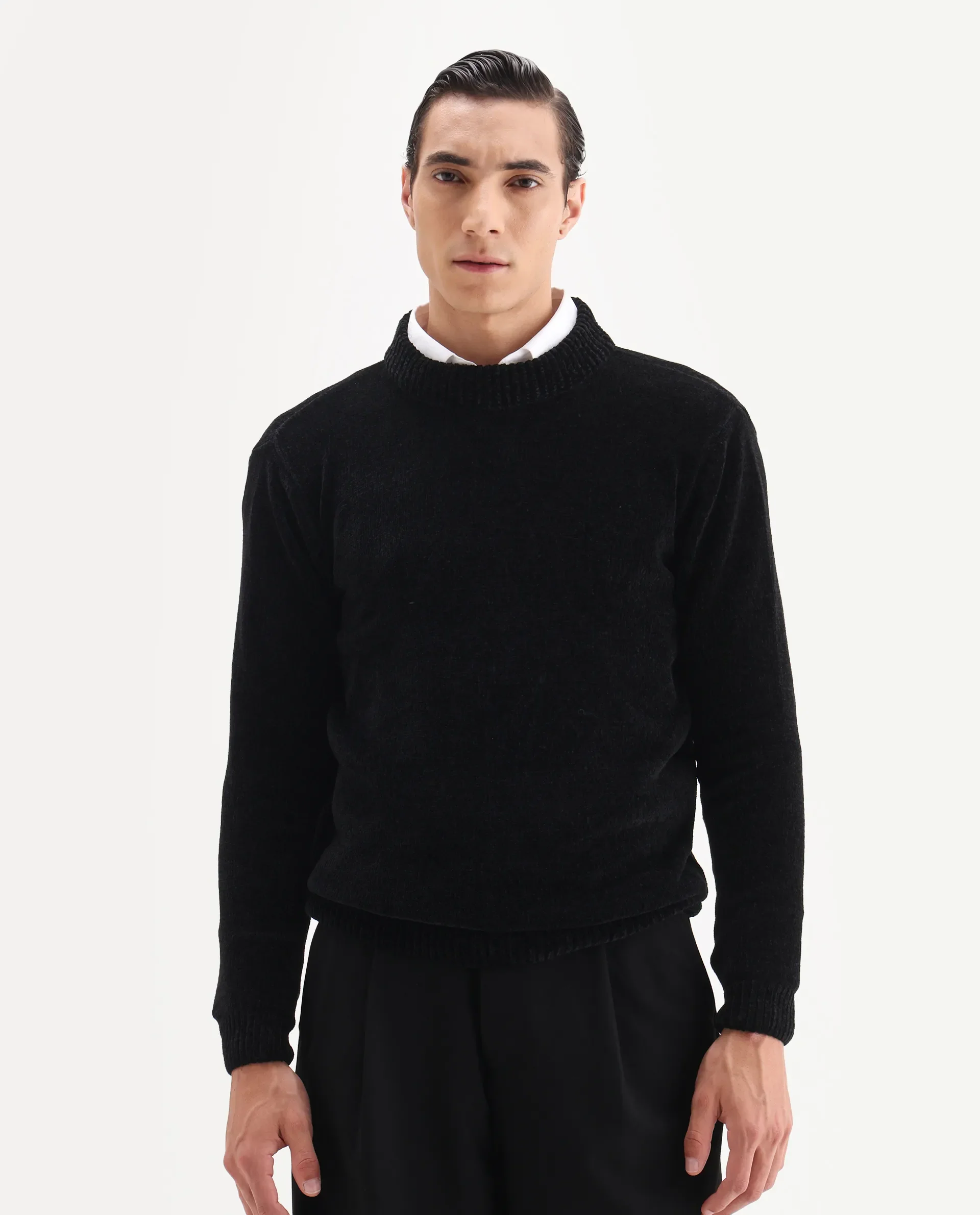 Rare Rabbit Men's Chens Black Polyester Fabric Full Sleeve Crew Neck Regular Plain Sweater - Image 4