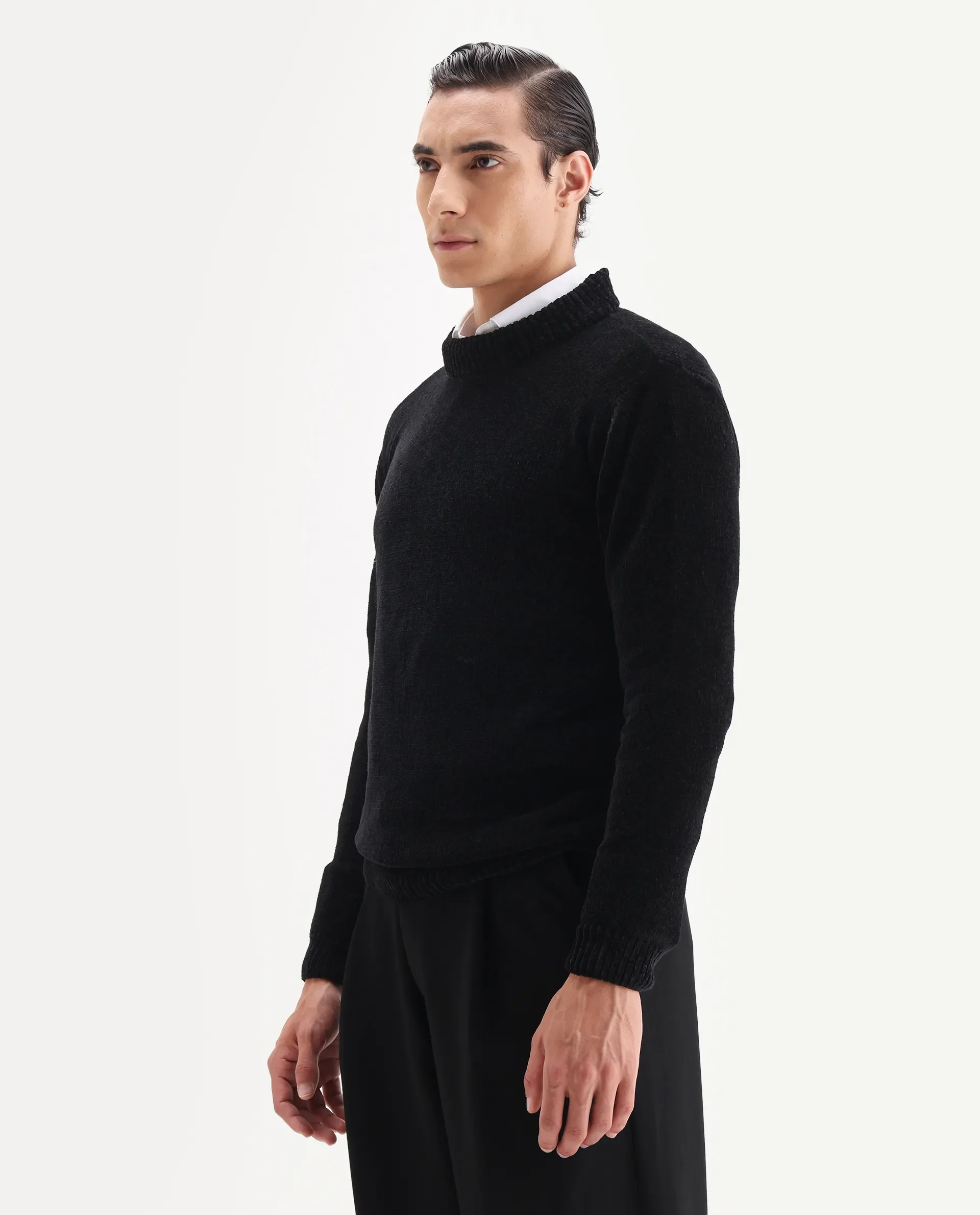 Rare Rabbit Men's Chens Black Polyester Fabric Full Sleeve Crew Neck Regular Plain Sweater - Image 5