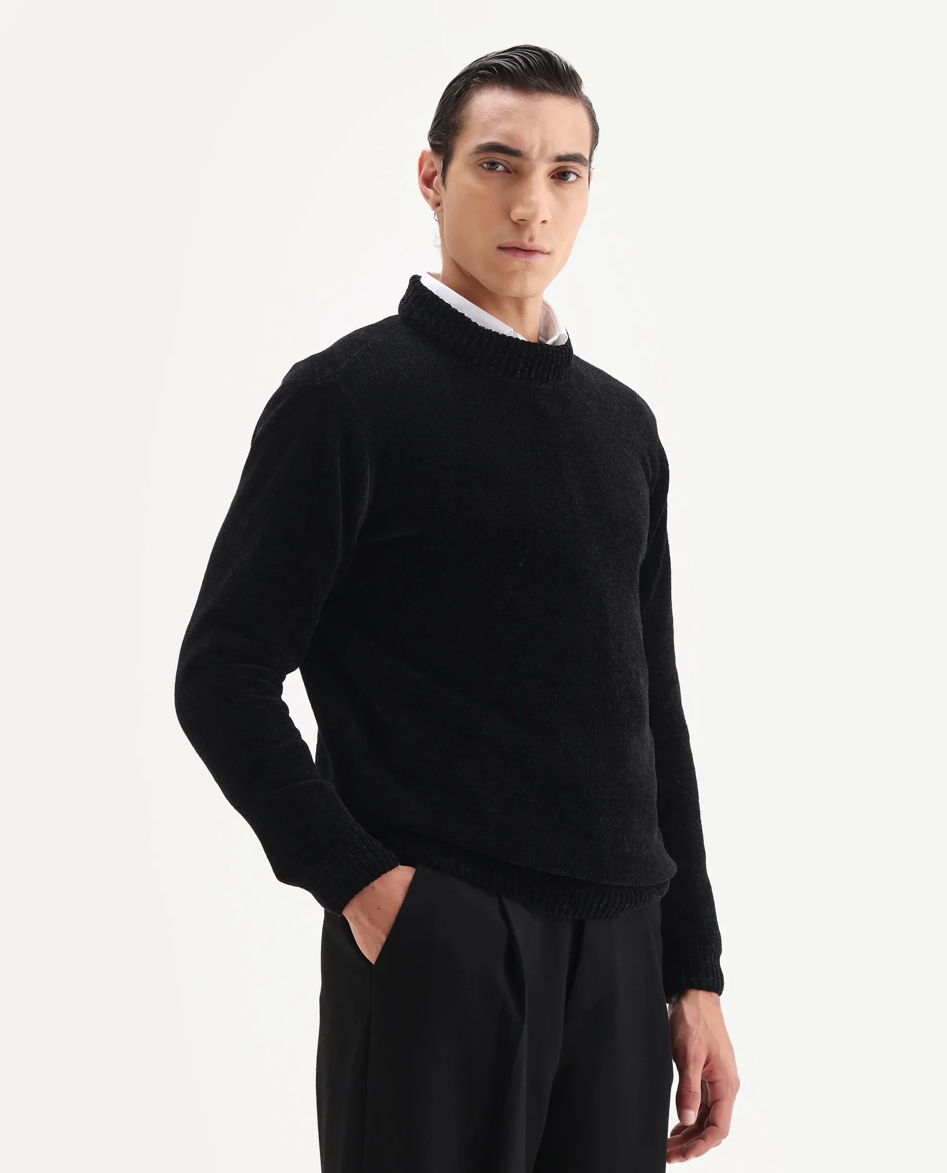 Rare Rabbit Men's Chens Black Polyester Fabric Full Sleeve Crew Neck Regular Plain Sweater - Image 6
