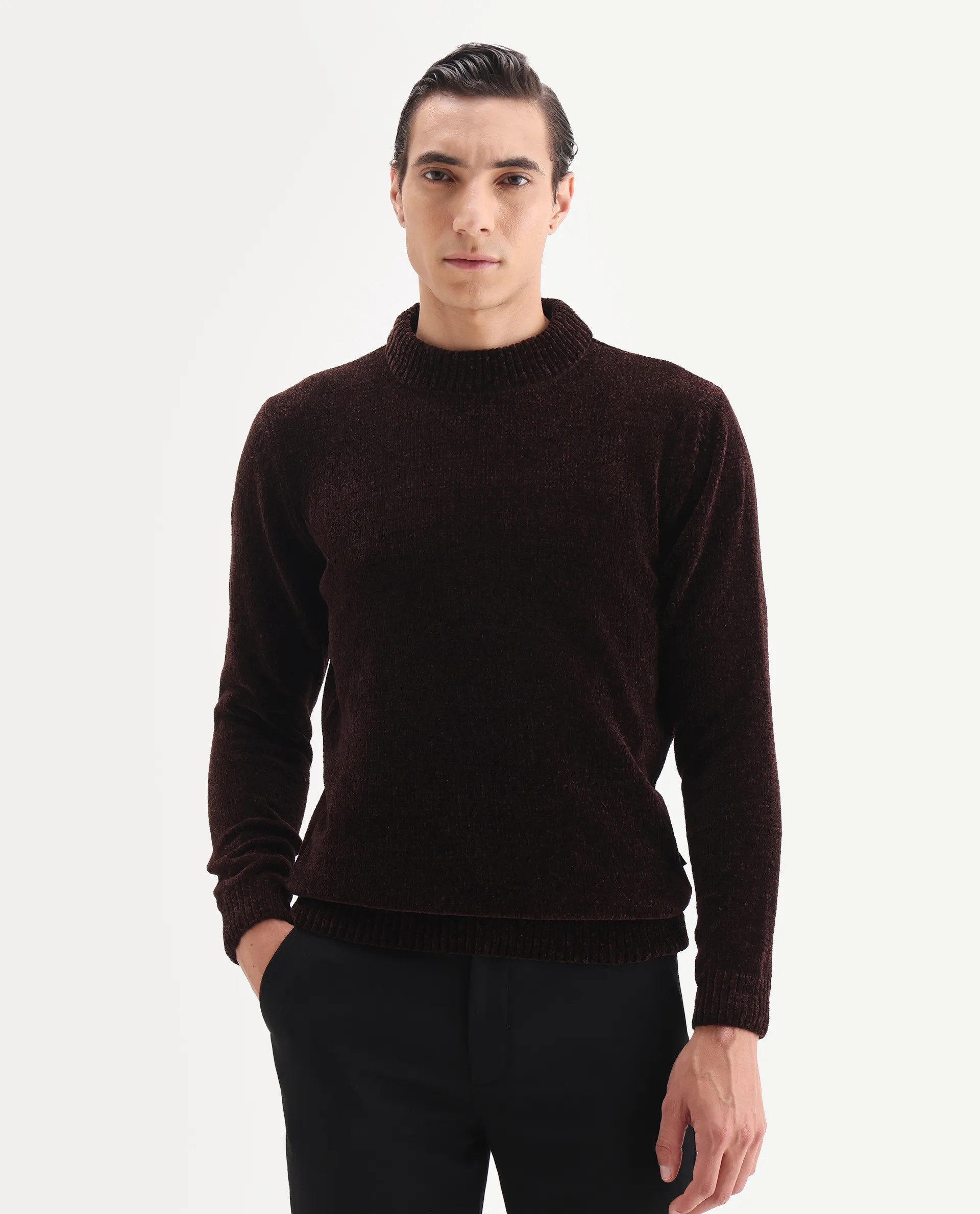 Rare Rabbit Men's Chens Dark Brown Polyester Fabric Full Sleeve Crew Neck Regular Plain Sweater