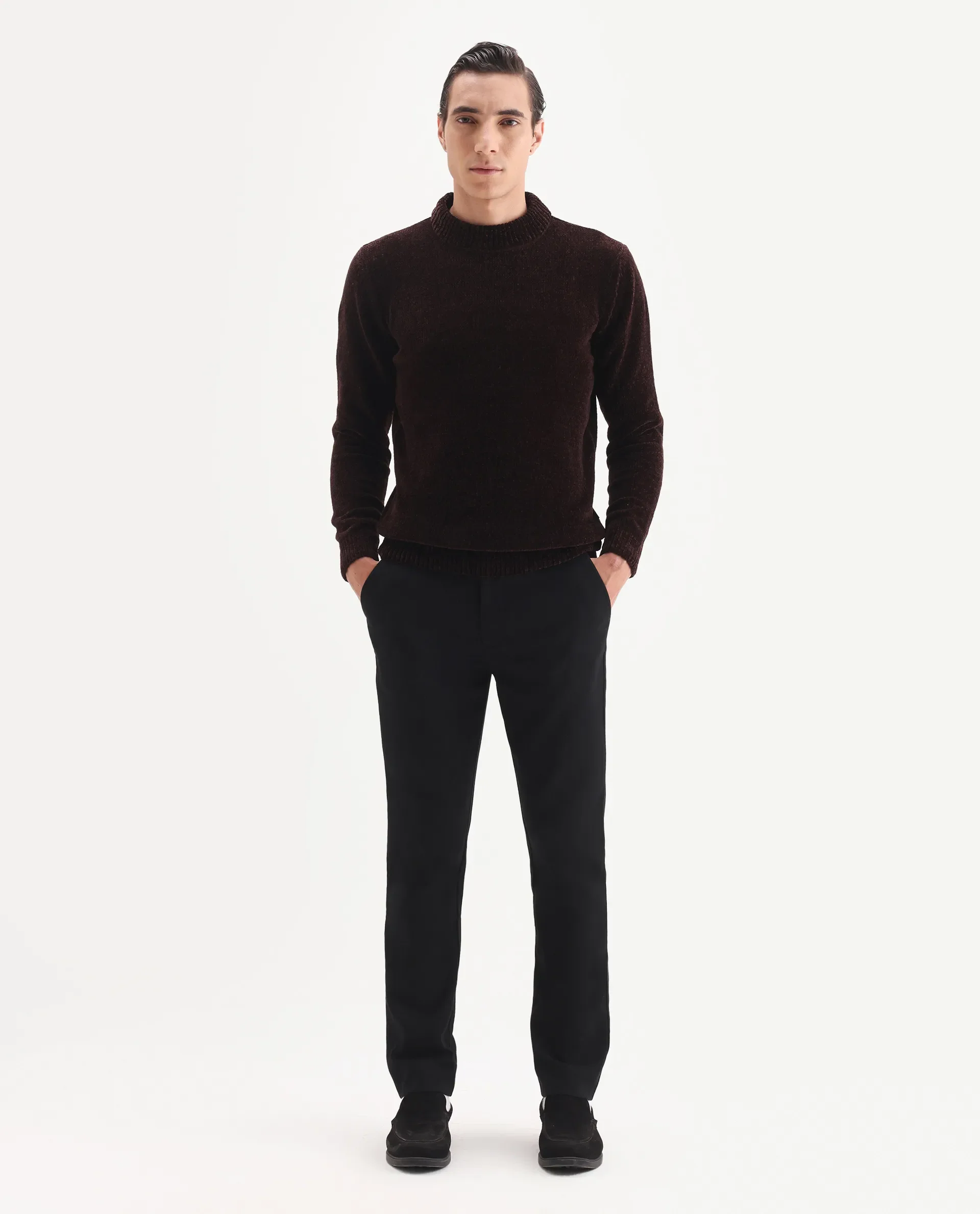 Rare Rabbit Men's Chens Dark Brown Polyester Fabric Full Sleeve Crew Neck Regular Plain Sweater - Image 2
