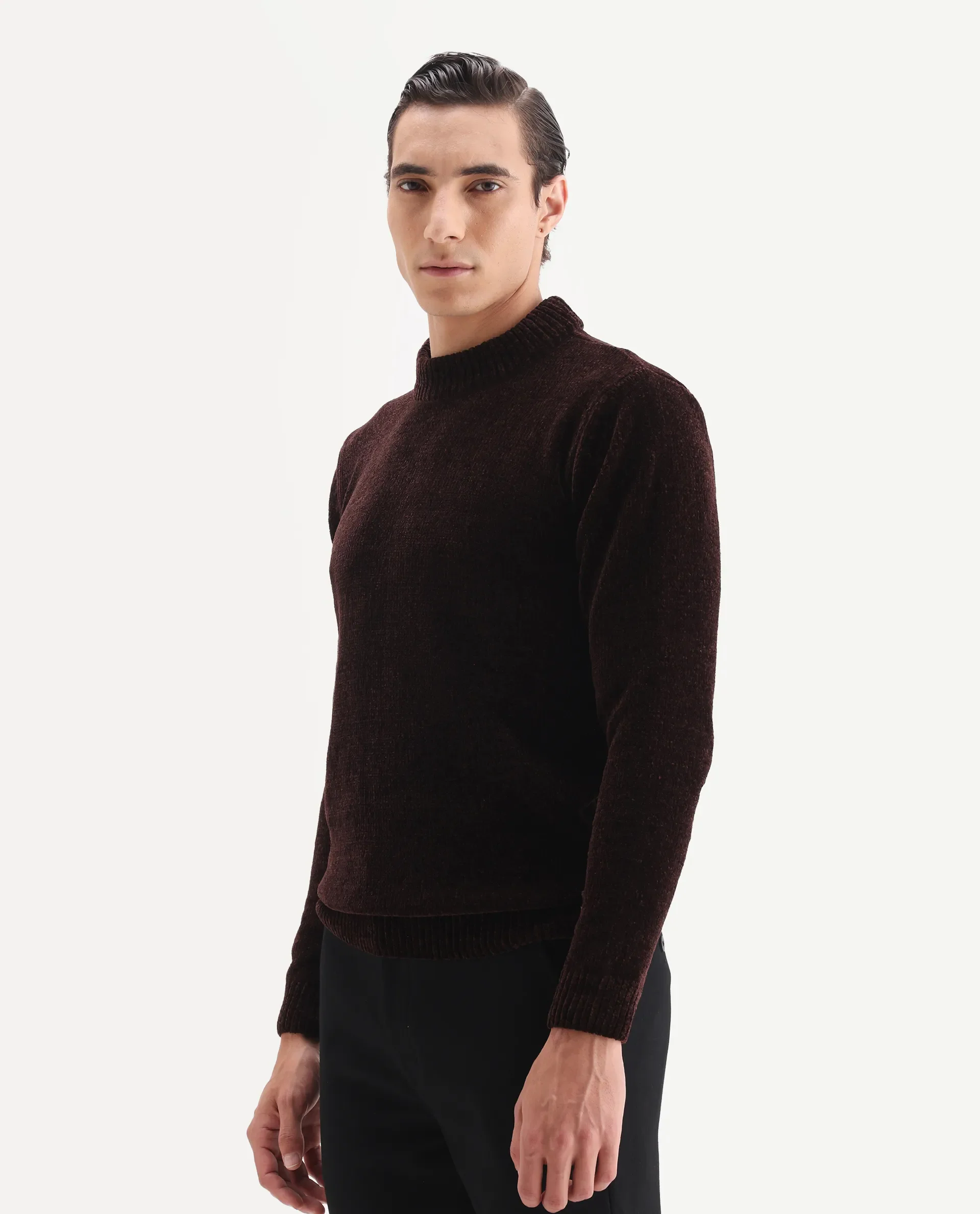 Rare Rabbit Men's Chens Dark Brown Polyester Fabric Full Sleeve Crew Neck Regular Plain Sweater - Image 4
